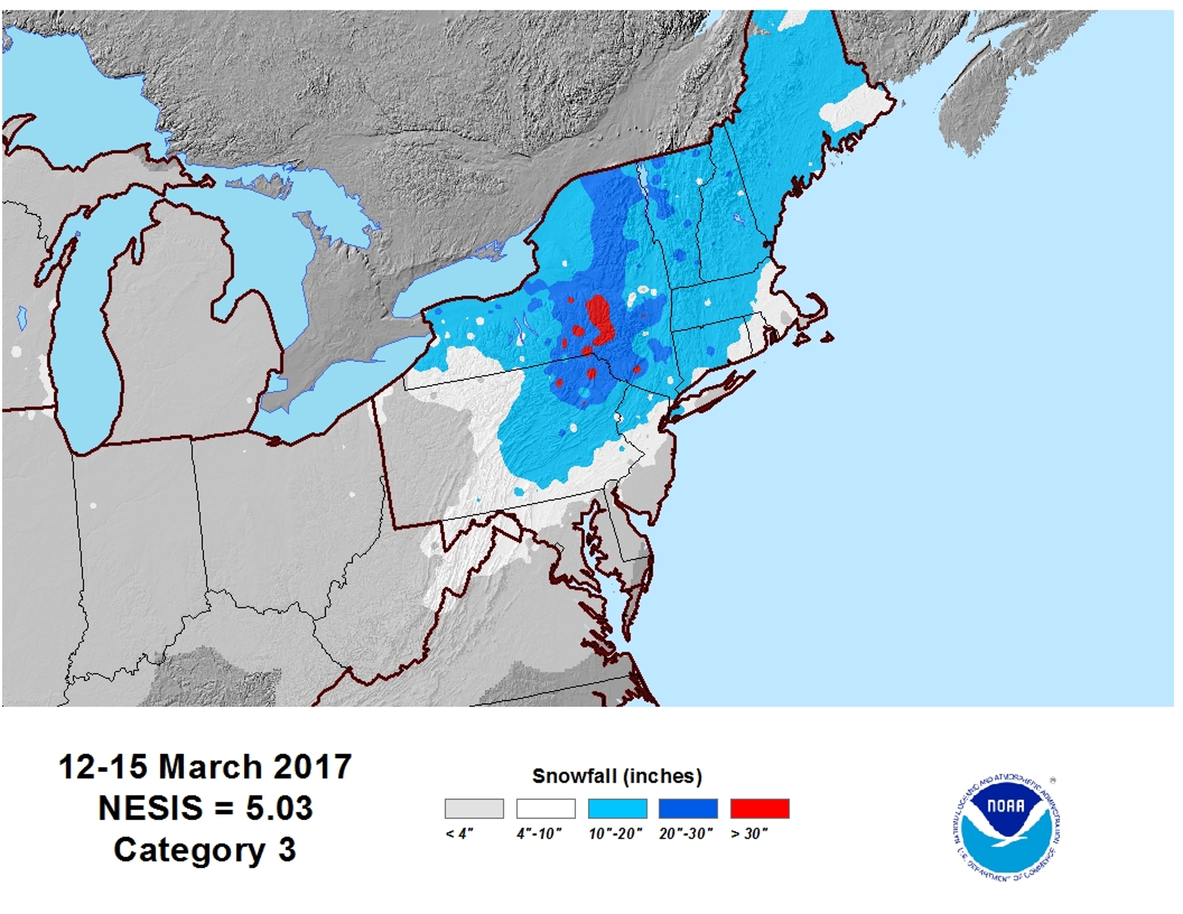 Snowfall map and NESIS rating of Winter Storm Stella
