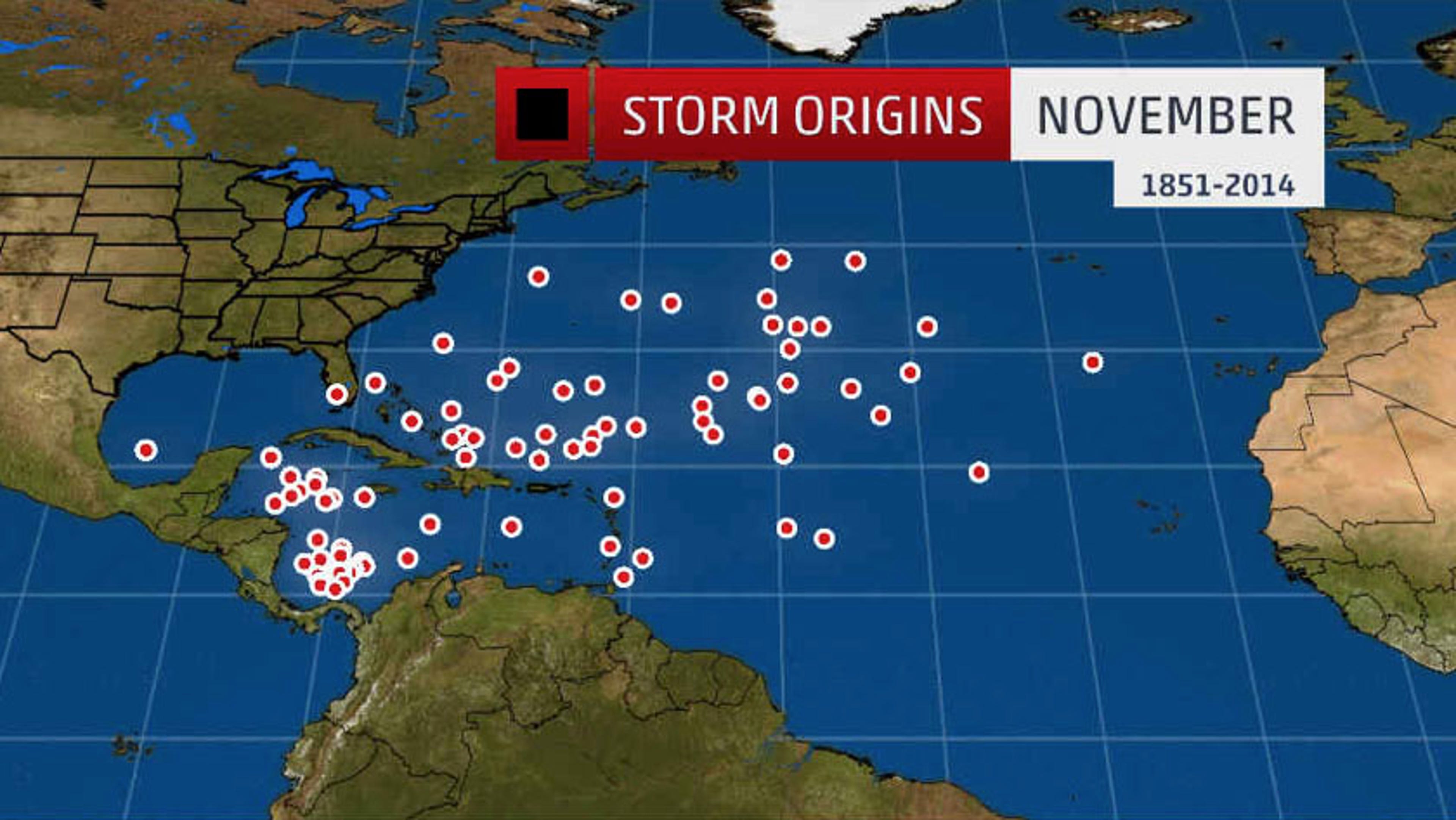 Tropical cyclone origin points for November.