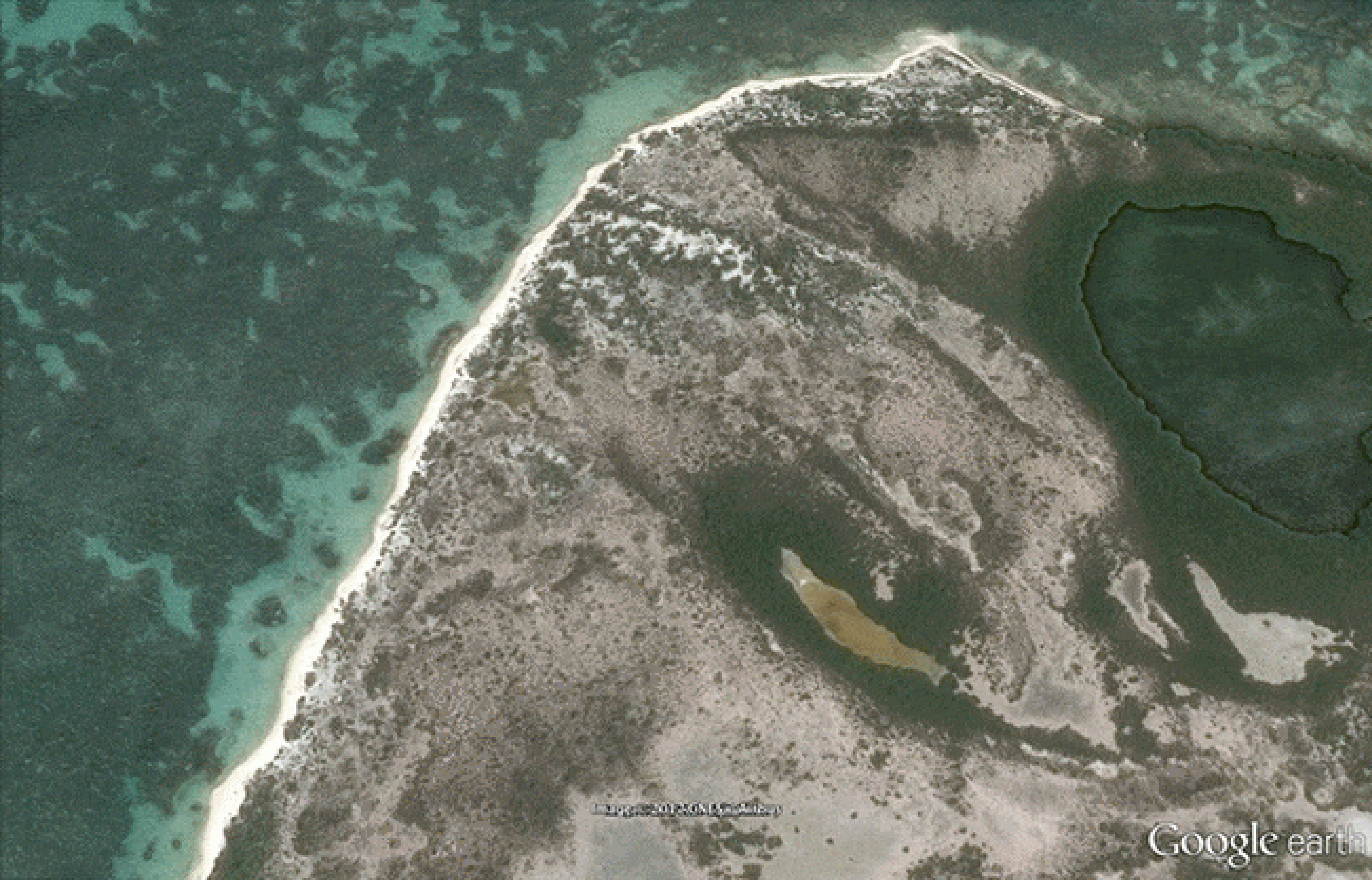 Before/after images of beach cuts from Hurricane Irma on the northwest coast of Barbuda, in September 2017. Faint gray arrows point to the beach cuts.