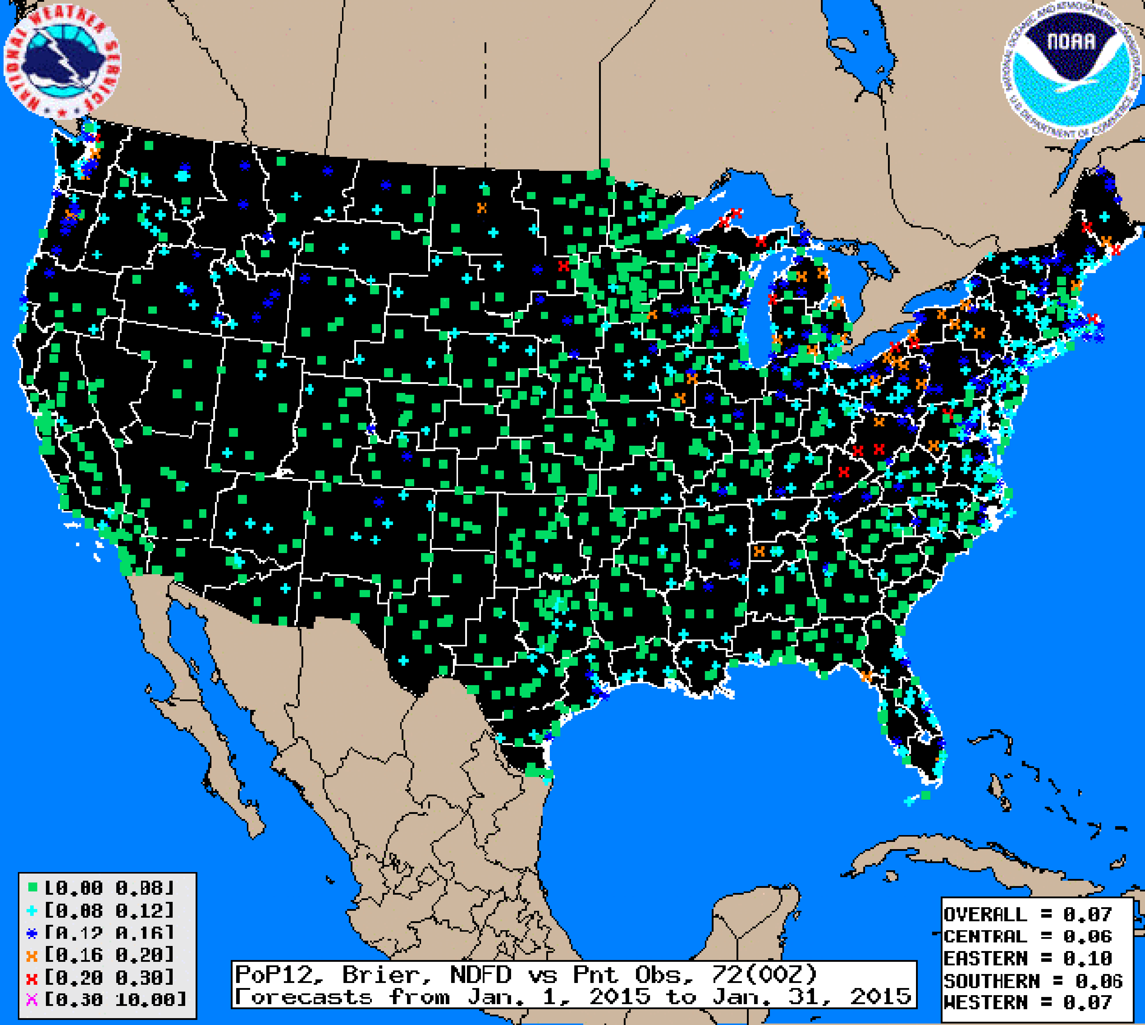 National Weather Service Digital Forecast Database errors in 12-hour probability of precipitation (PoP) for 72-hour forecasts in January 2015, 2016, and 2017. Greater errors shown by orange and red X's. Lower error depicted by green squares, according to legend in lower left.