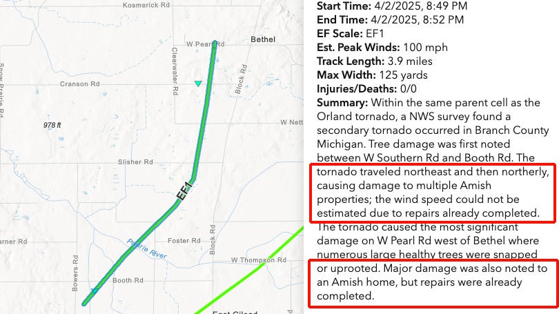 National Weather Service survey information for a Michigan tornado.