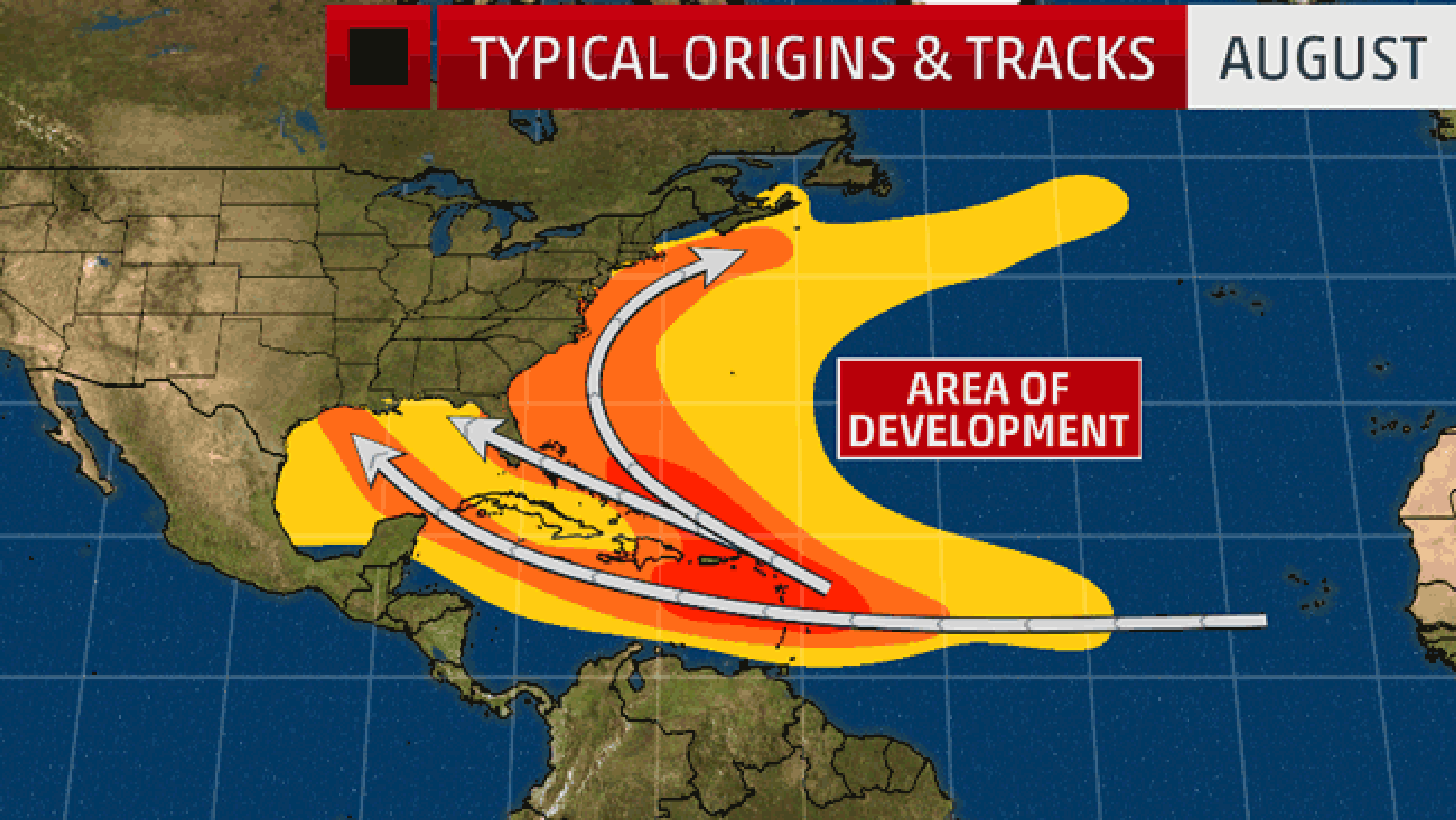 Typical tracks and origins of tropical cyclones in August, September and October.