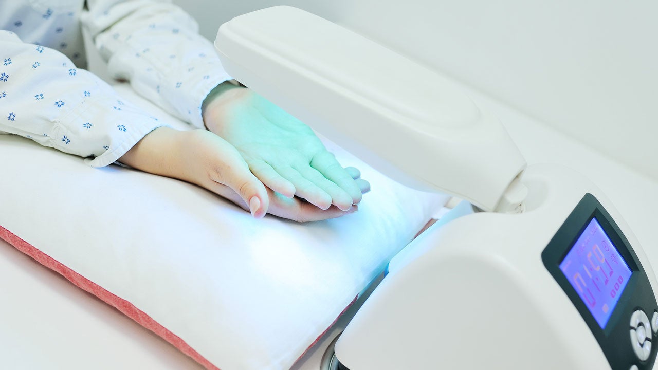 Patient receiving phototherapy for psoriasis