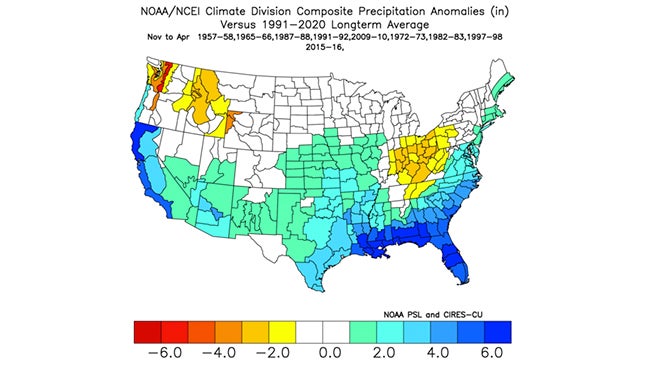 Strong El Ni&ntilde;o temperature precipitation Nov through Apr