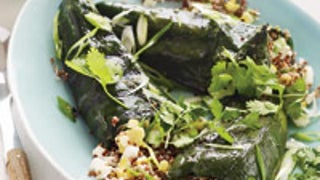 Quinoa-Stuffed Poblanos with Grilled Romesco Sauce