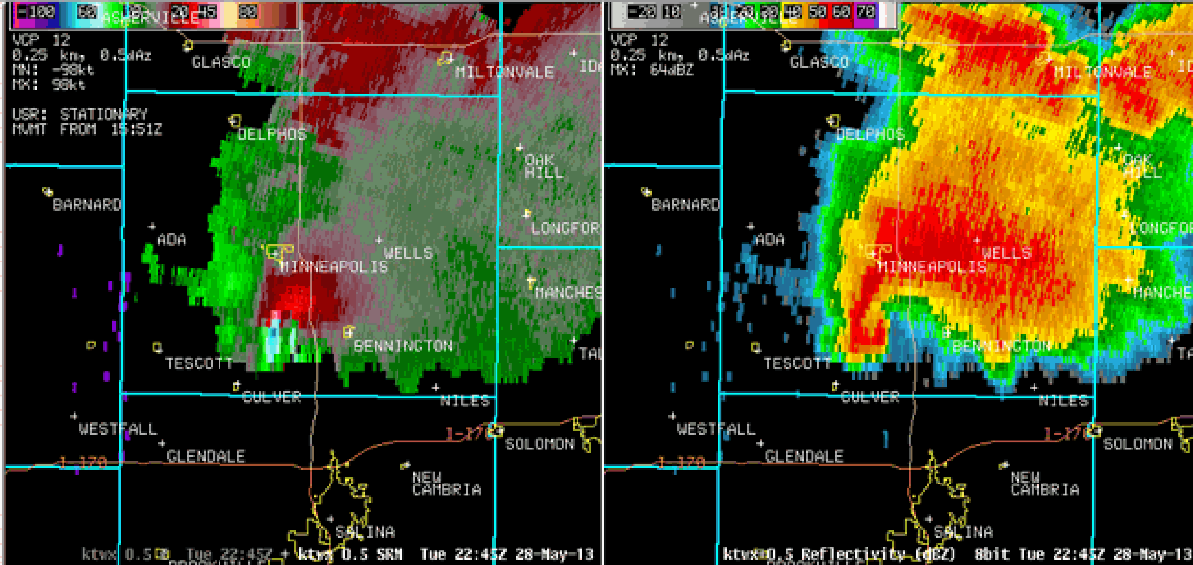 The two radar images in this animation were taken an hour apart and show how the supercell thunderstorm that spawned the tornado barely moved during that time.
