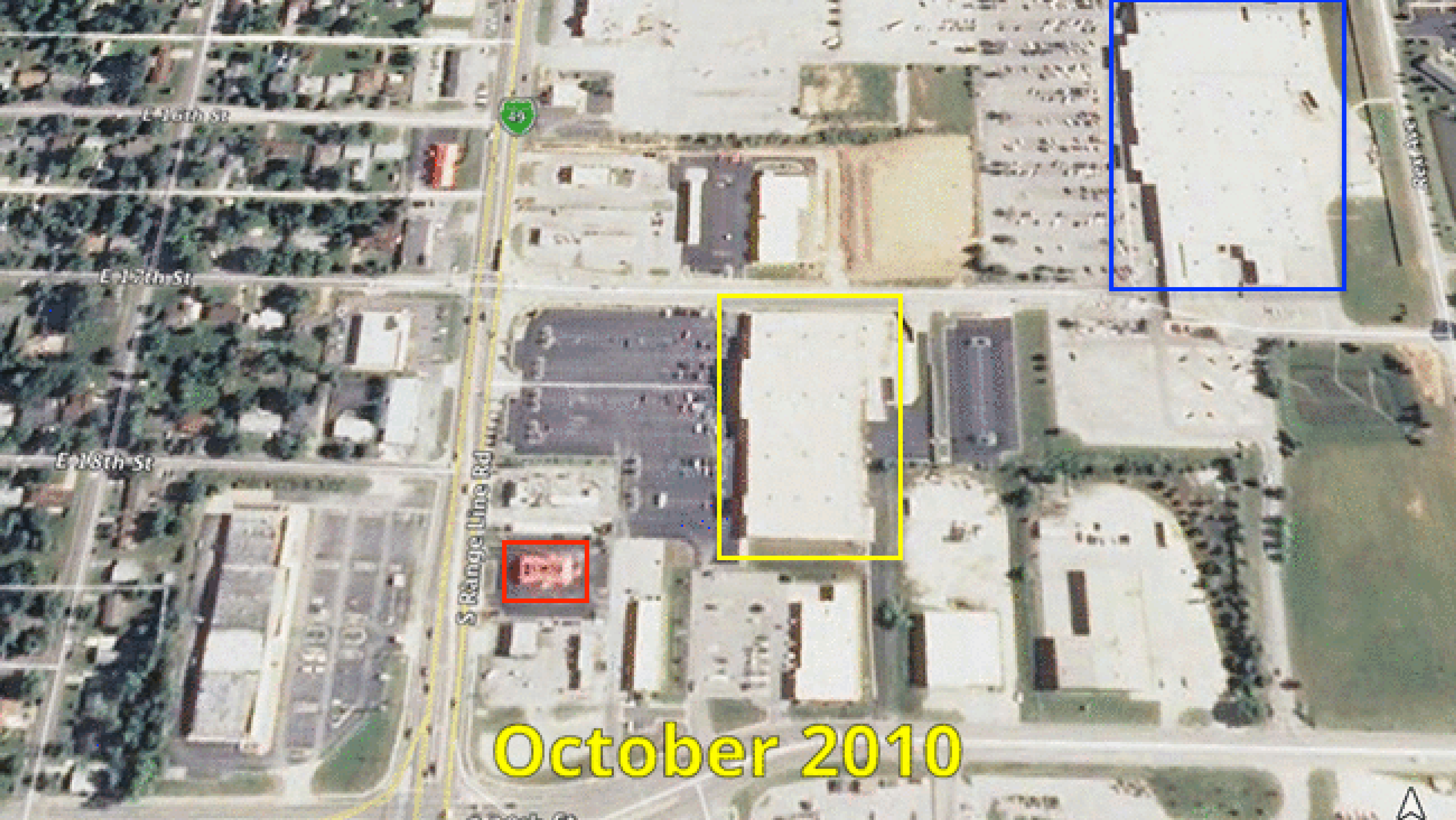 Before, after and March 2016 view of businesses damaged by the May 22, 2011 EF5 tornado in Joplin, Missouri. The Walmart Supercenter (blue), Academy Sports and Outdoors store (yellow) and Pizza Hut (red) are highlighted.