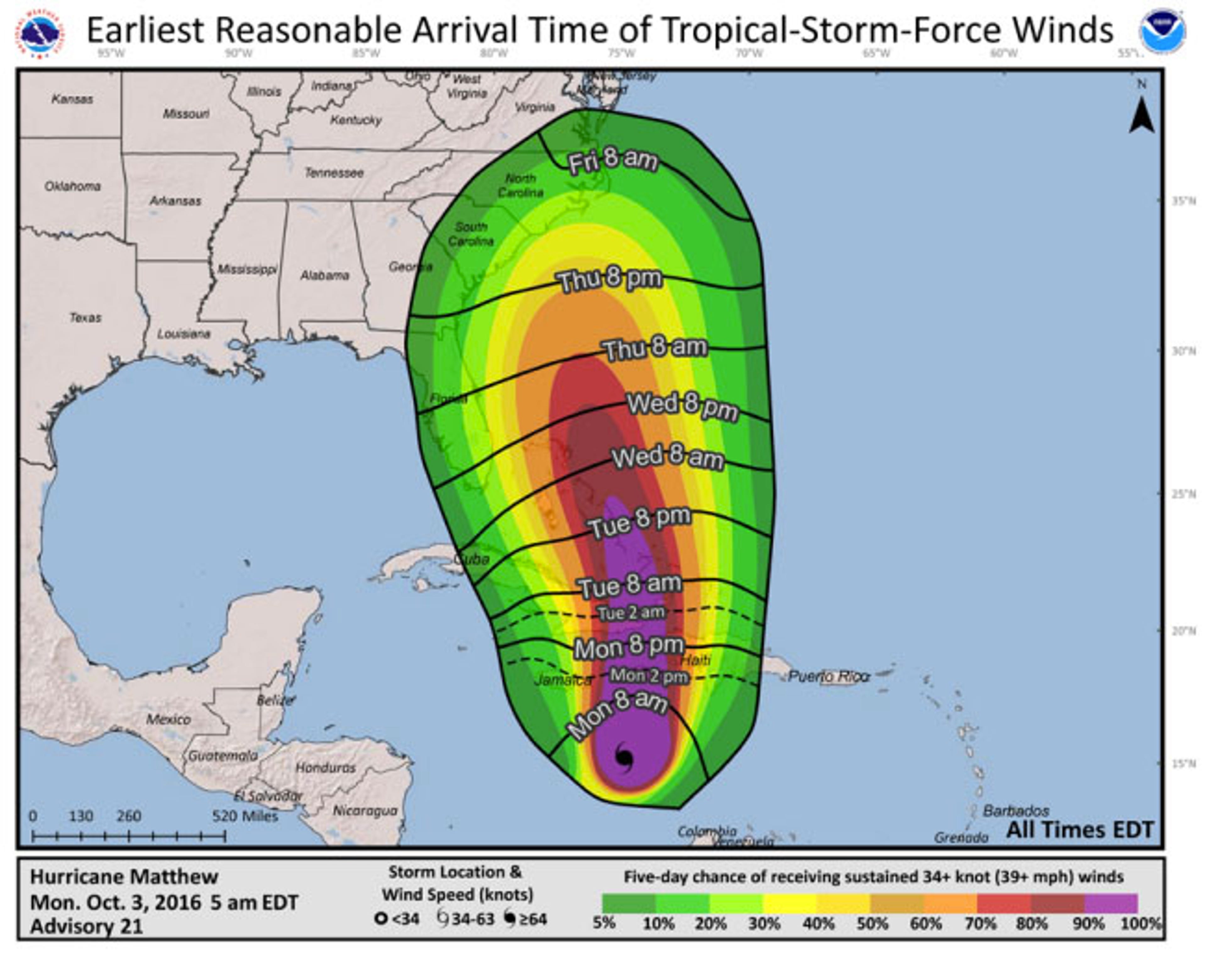 Example "Earliest Reasonable Arrival Time of Tropical-Storm-Force Winds" product. This is not a current product. 