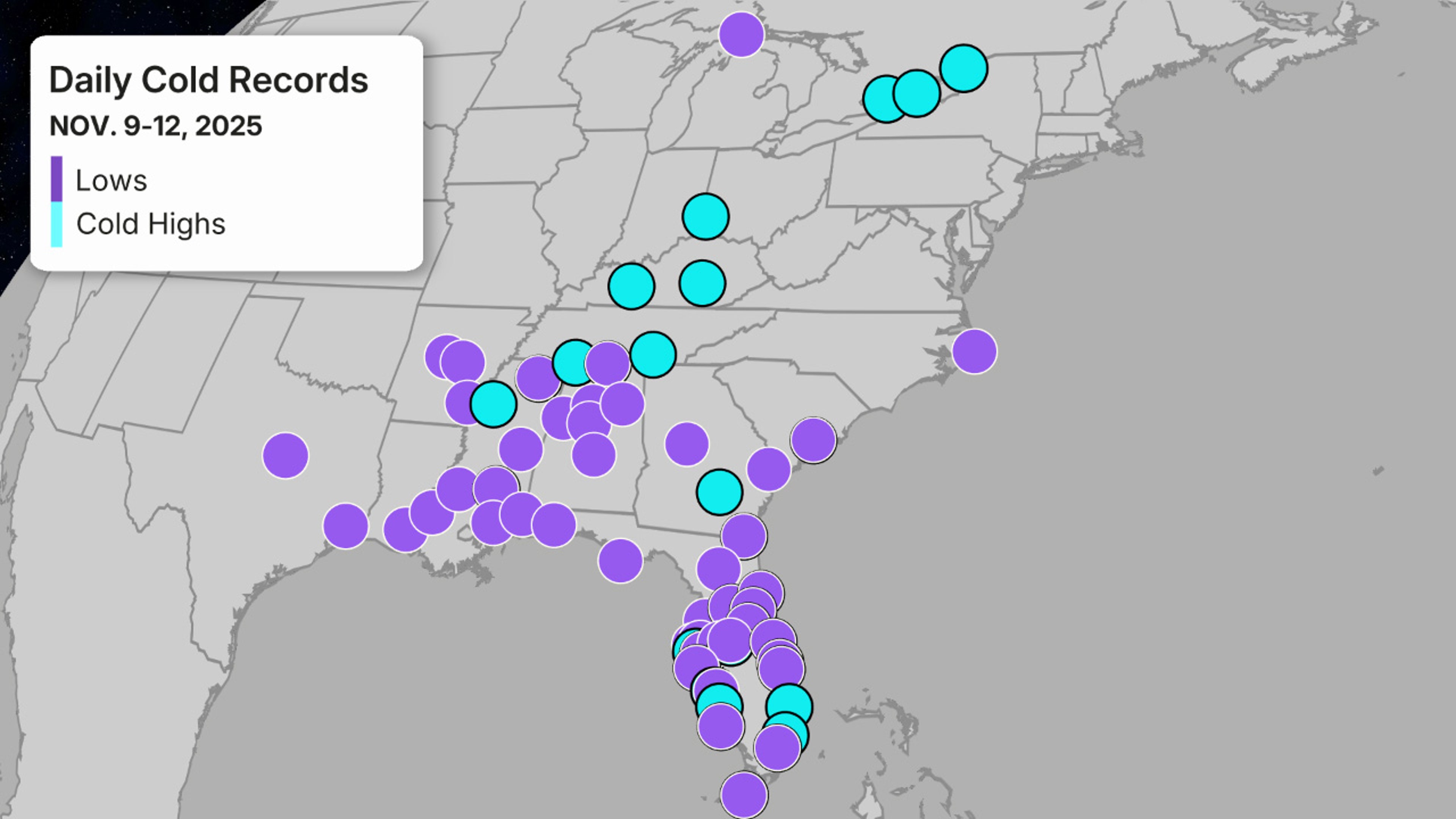 Record cold November 2025 Southeast cold snap