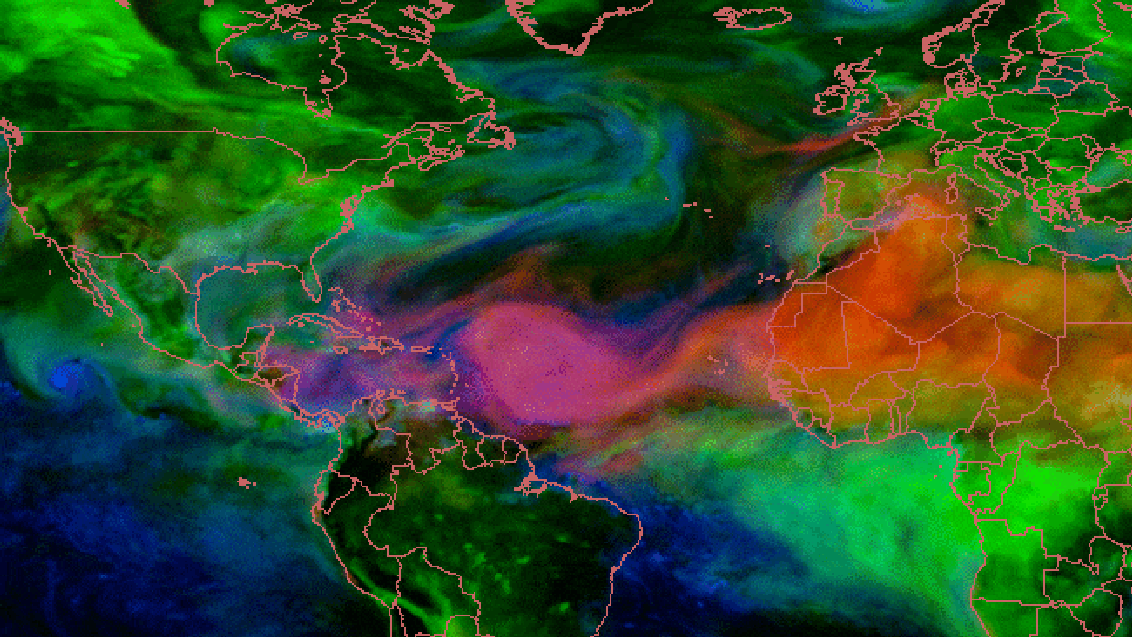 Animation of total aerosol optical thickness from July 4-11, 2016 highlighting the Saharan air layer (SAL) and embedded Saharan dust traversing the Atlantic Ocean basin, shown by the orange and brown contours in the middle of the image loop.
