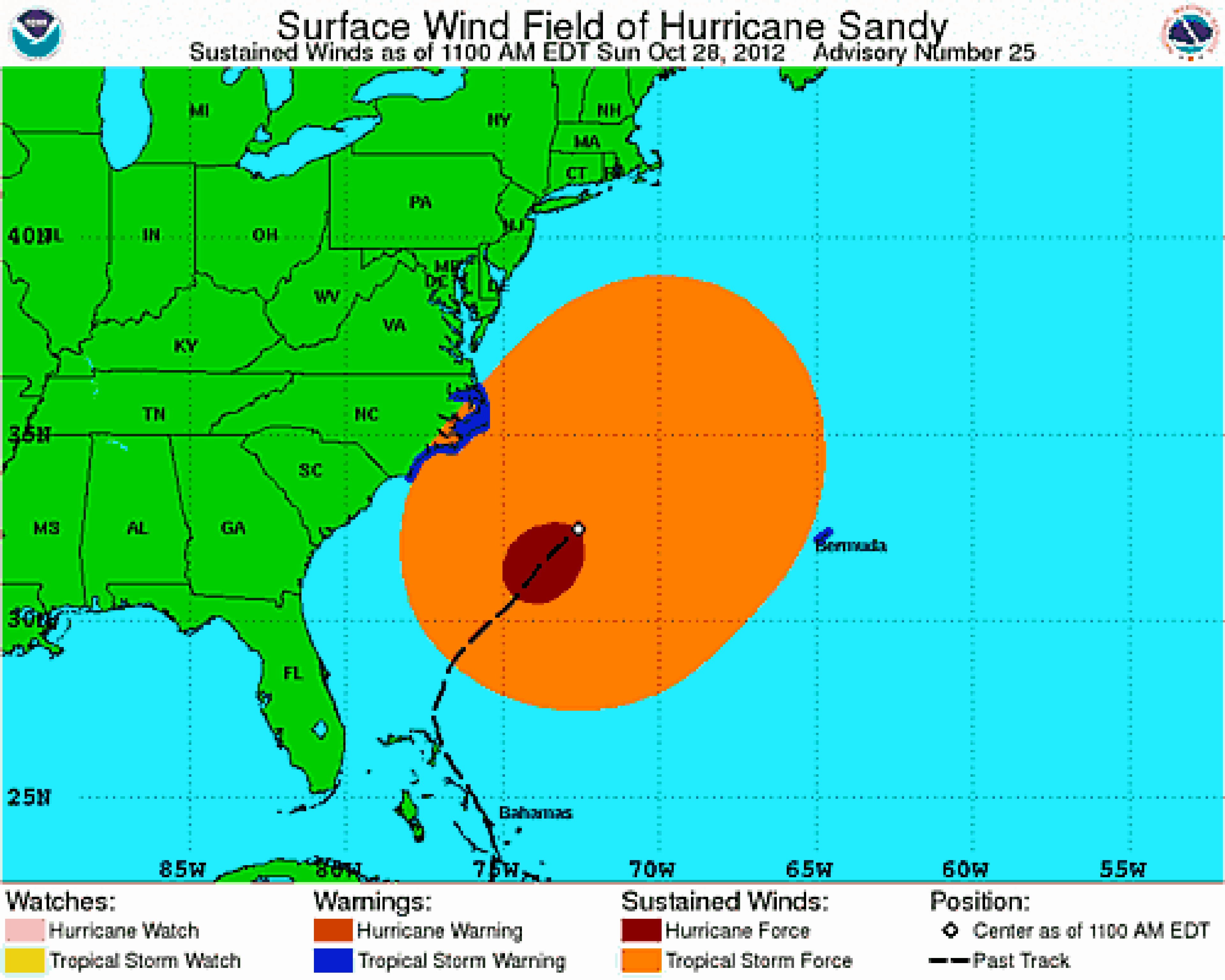 Hurricane Sandy's tropical-storm-force (light orange) and hurricane-force (brown) wind fields at 11 a.m. EDT on Oct. 28, 2012.