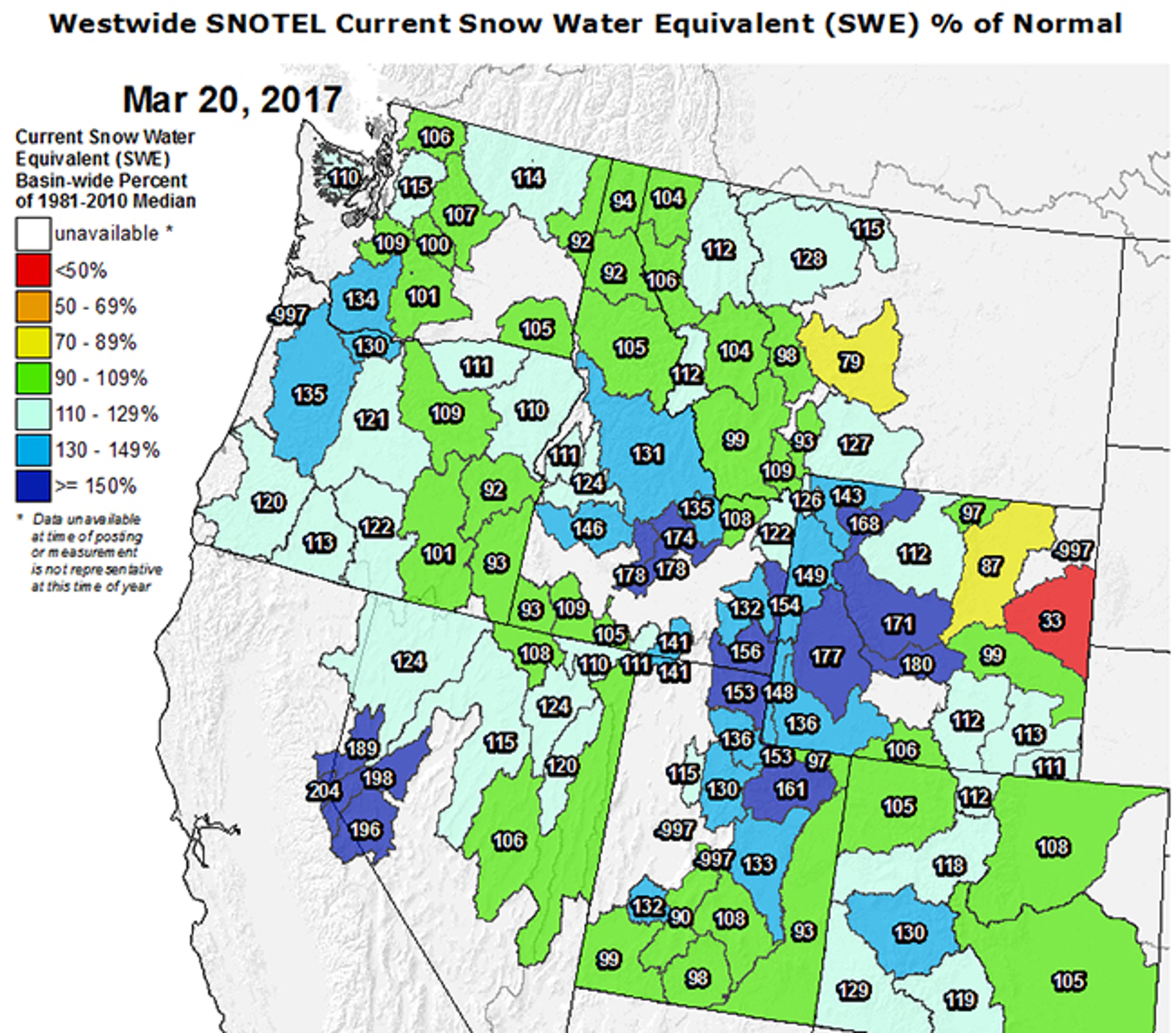 Estimated snow-water content percent of average for March 20, 2017, in western U.S. river basins.