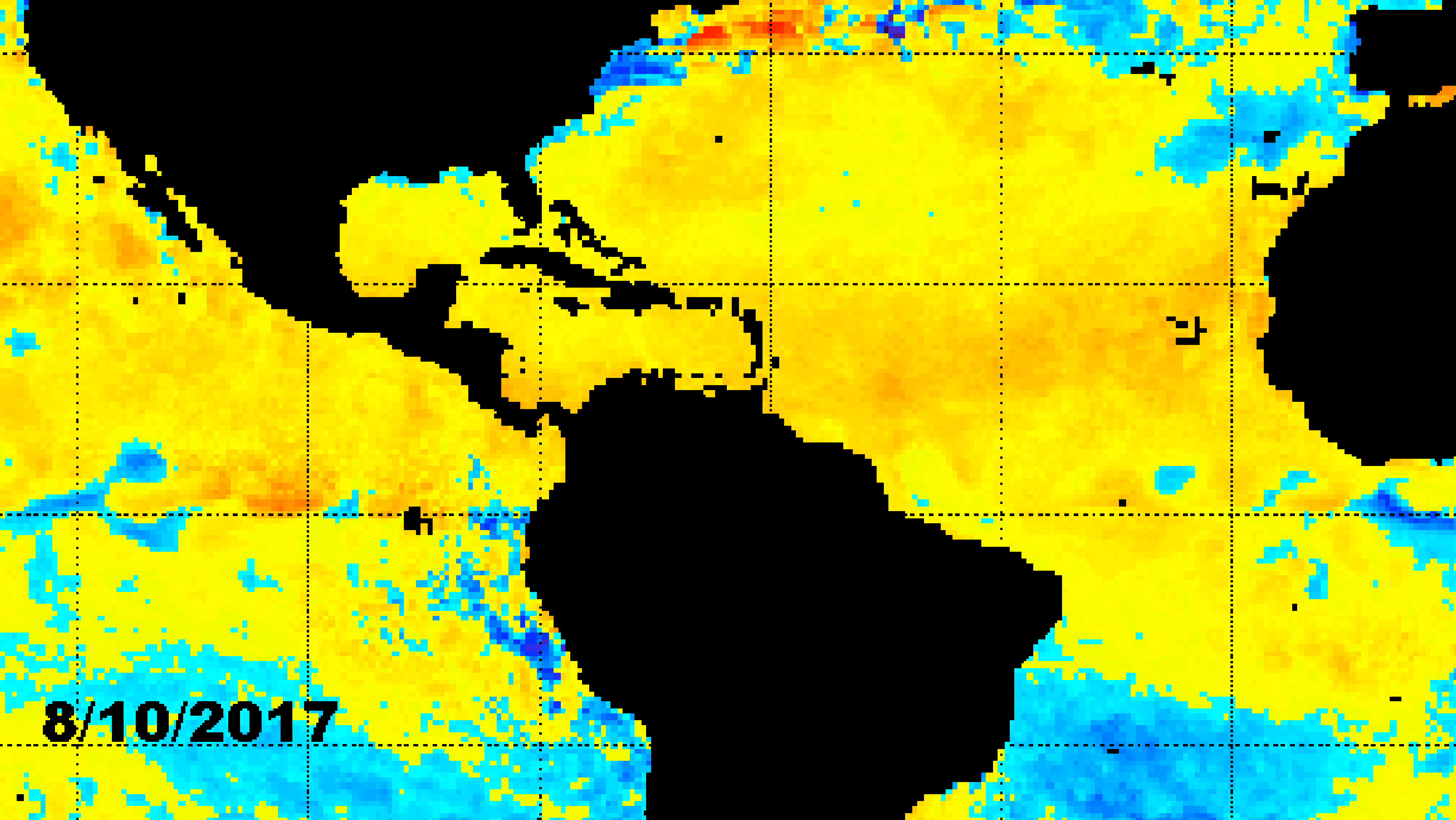 Sea-surface temperature anomaly comparison of Aug. 9, 2018 versus Aug. 10, 2017 in the Atlantic. Areas shaded blue are cooler-than-average while orange areas are warmer-than-average. (NOAA)