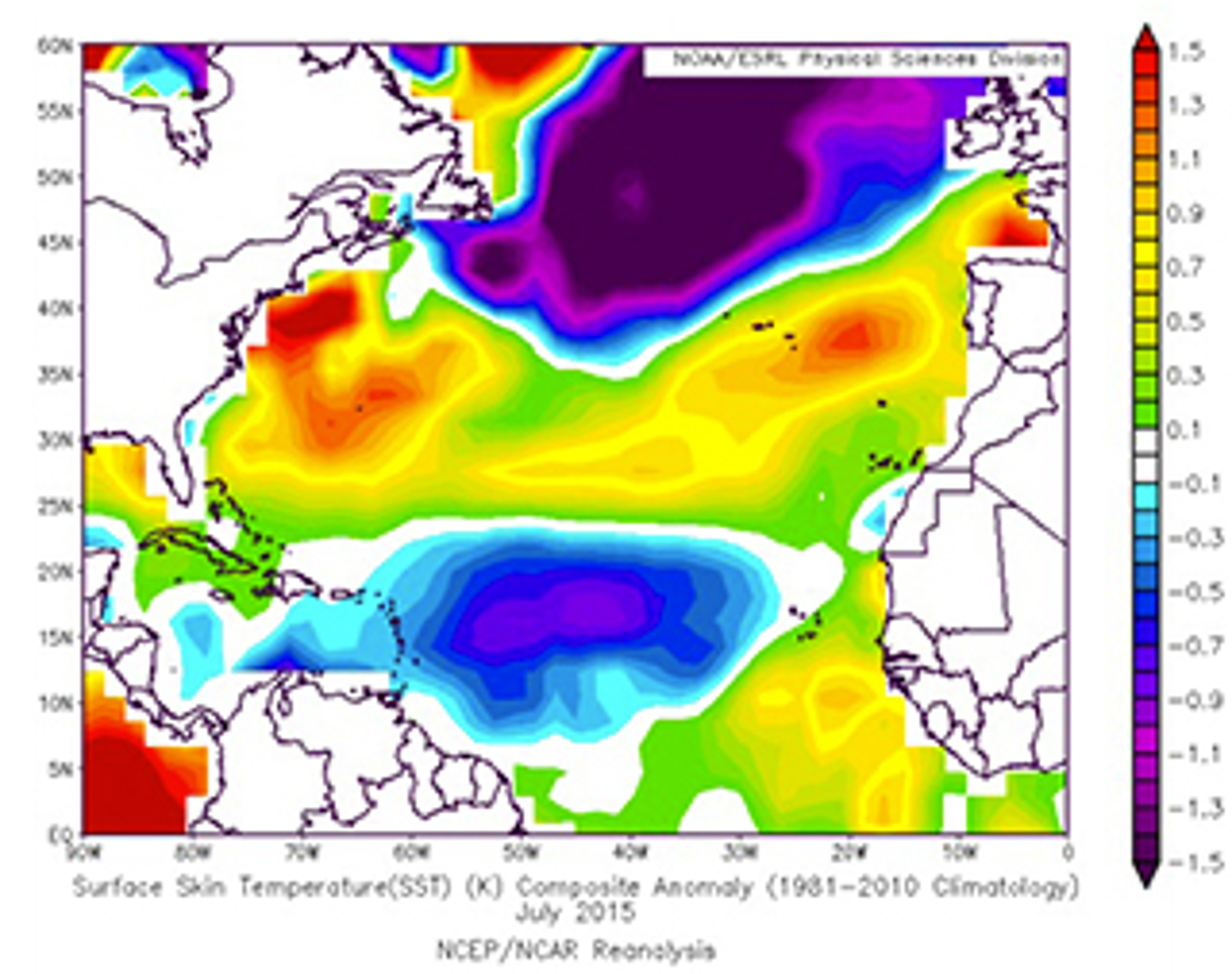 Sea-surface temperature anomalies in the Atlantic Basin in July 2015 compared to 1980-2010 average. Blue/purple colors denote cooler than average SSTs. Yellow/orange/red colors denote warmer than average SSTs.