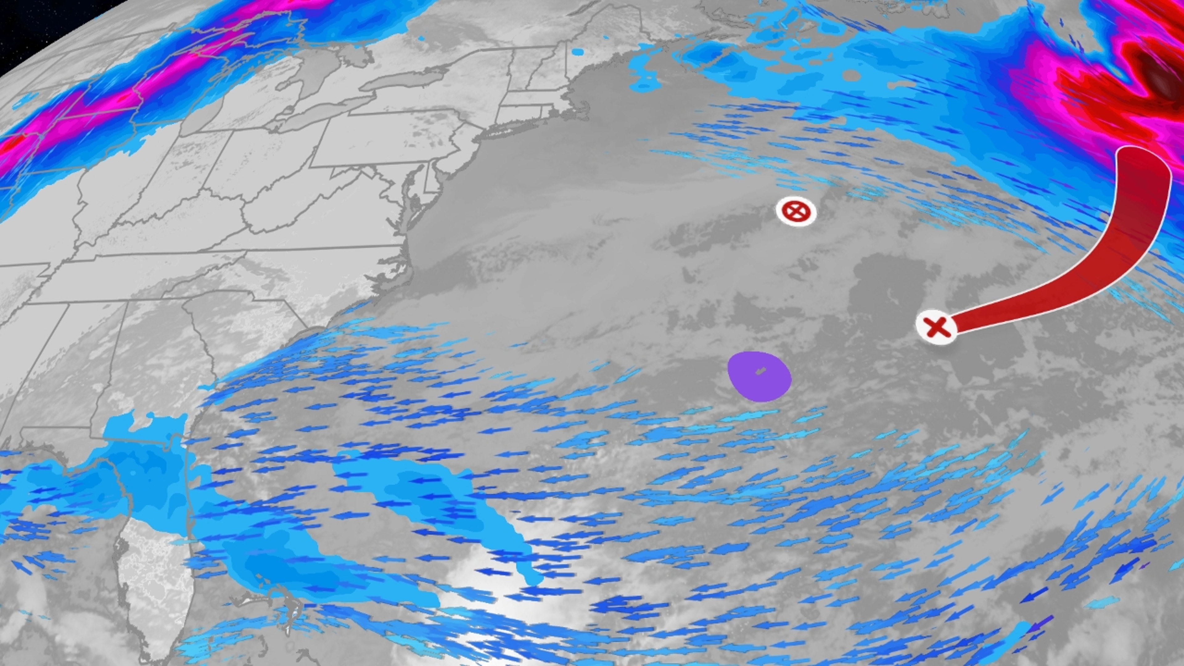 The red-shaded area denotes the potential path of the center of the tropical cyclone. You can see the tracks criss-crossing in the Atlantic. Both storms are set to impact Bermuda this week. 