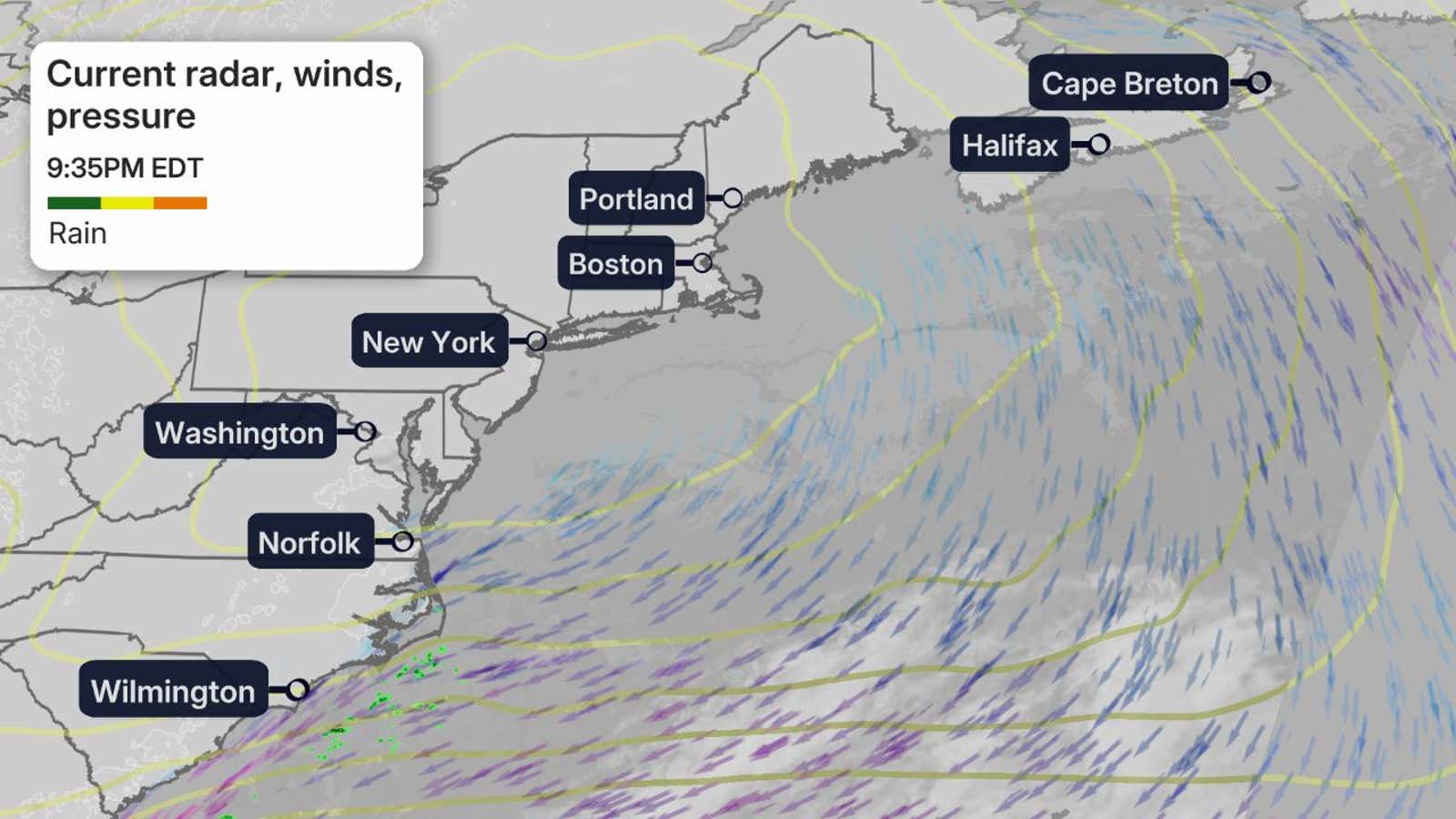 Current wind and rain map for the East Coast