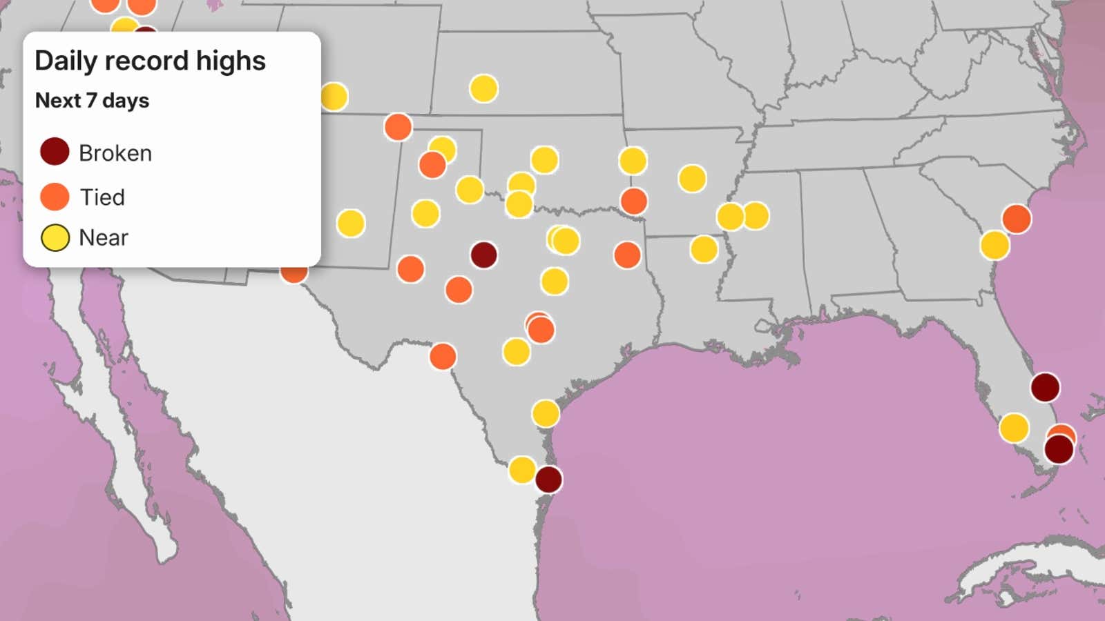 Map showing where daily record highs are possible