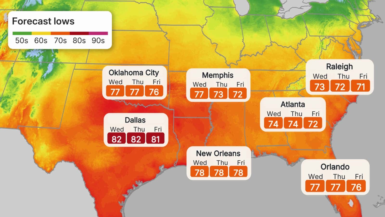 Map showing overnight low temperatures