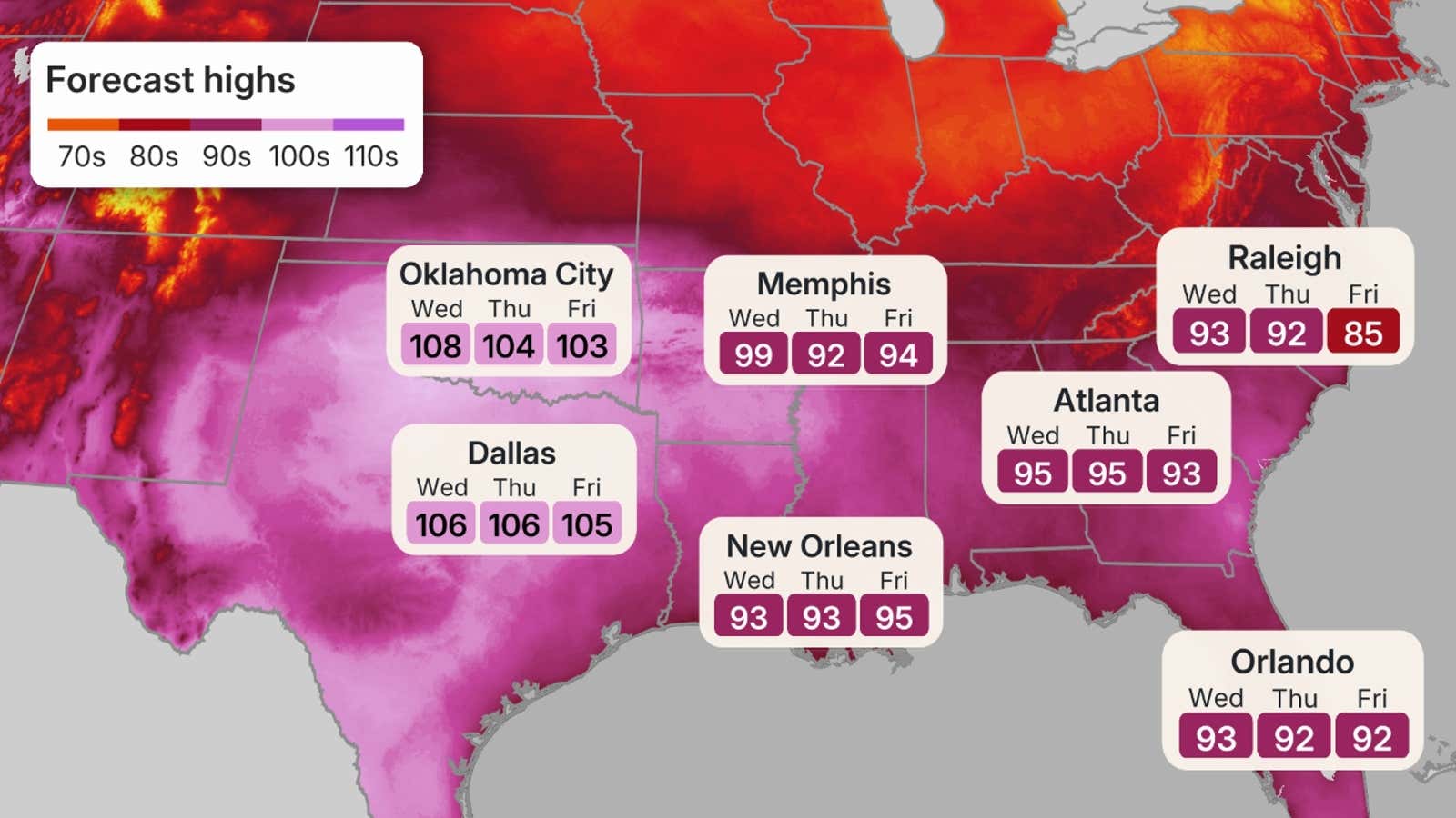 Forecast map showing high temperatures