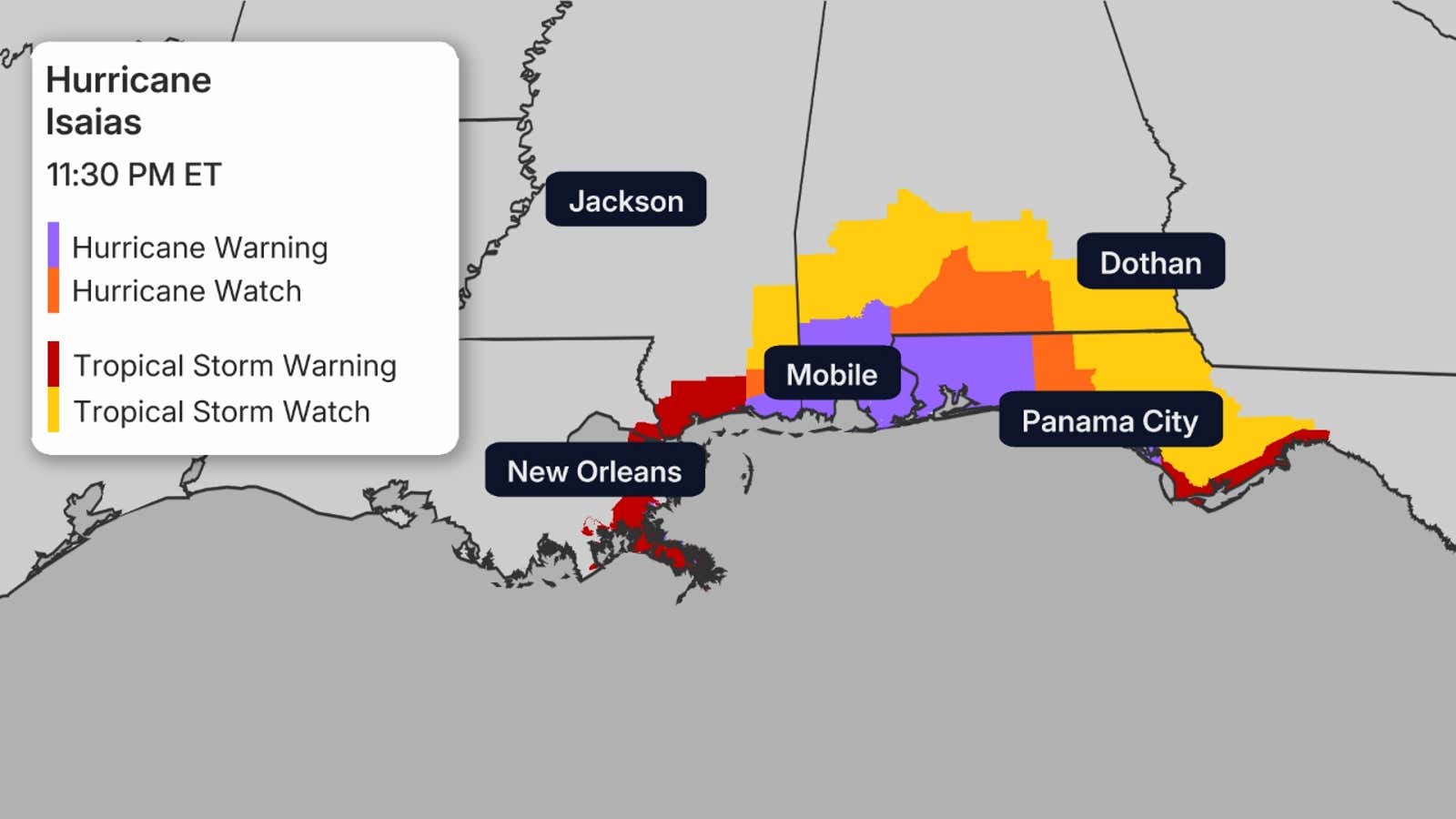Hurricane watches in effect along the Gulf Coast for Isaias 4 Atlantic Storm 1 Monitors Warnings 1