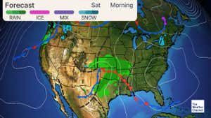 Pressure systems, cold and warm fronts, and rain and snow areas, in the morning.