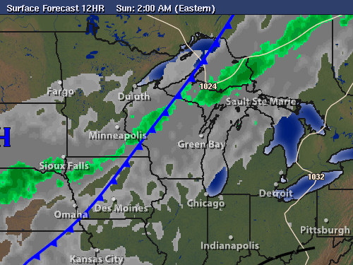 12 Hour Surface Forecast map for Great Lakes