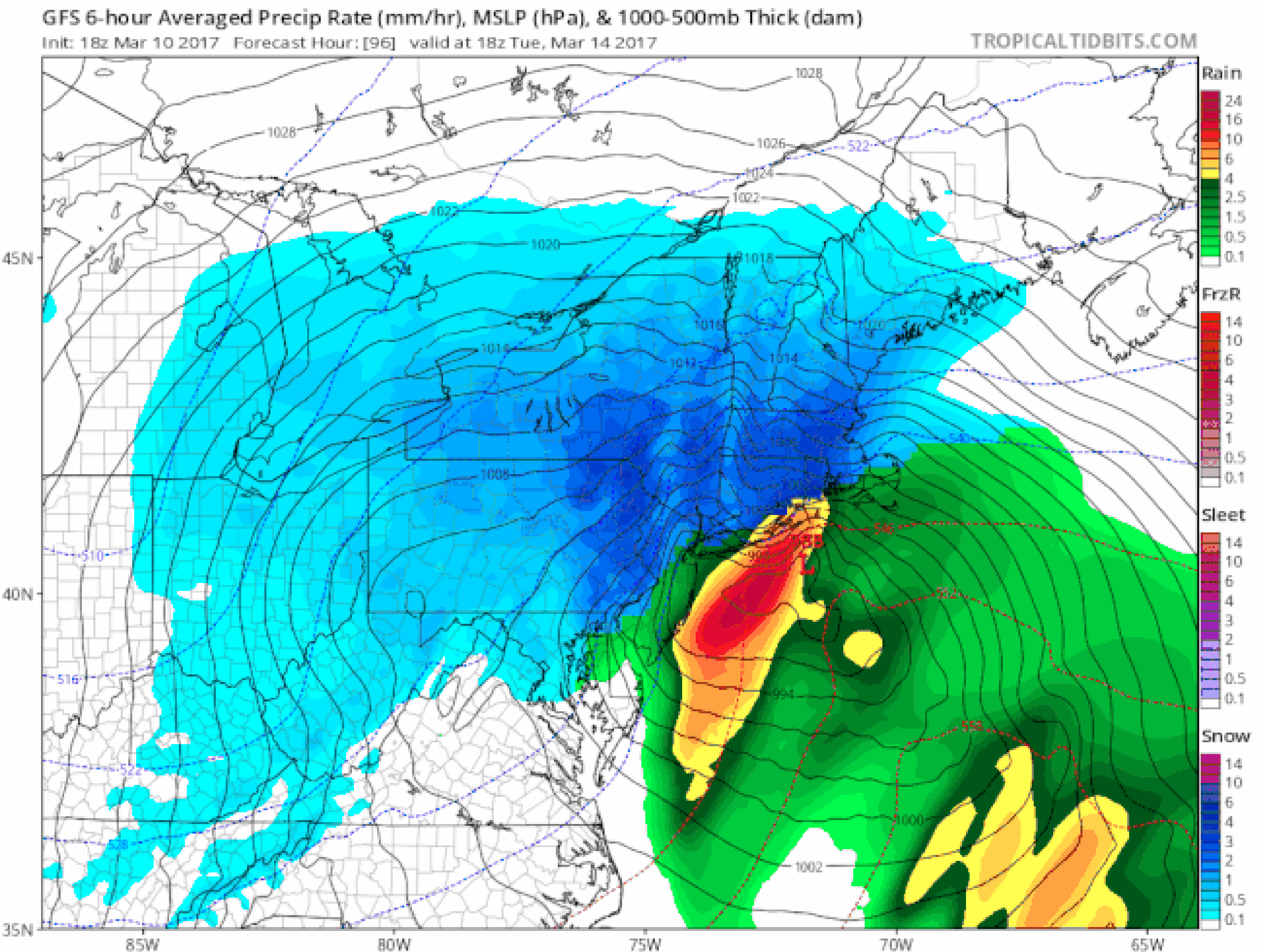 16 consecutive GFS model forecasts for 2 p.m. EDT, March 14, 2017, of Winter Storm Stella in the Northeast. Areas of snow are shown in blue. Areas of rain shown in green, yellow and orange. The model forecasts were generated from March 10 (first frame of animation) through March 14 (last frame).