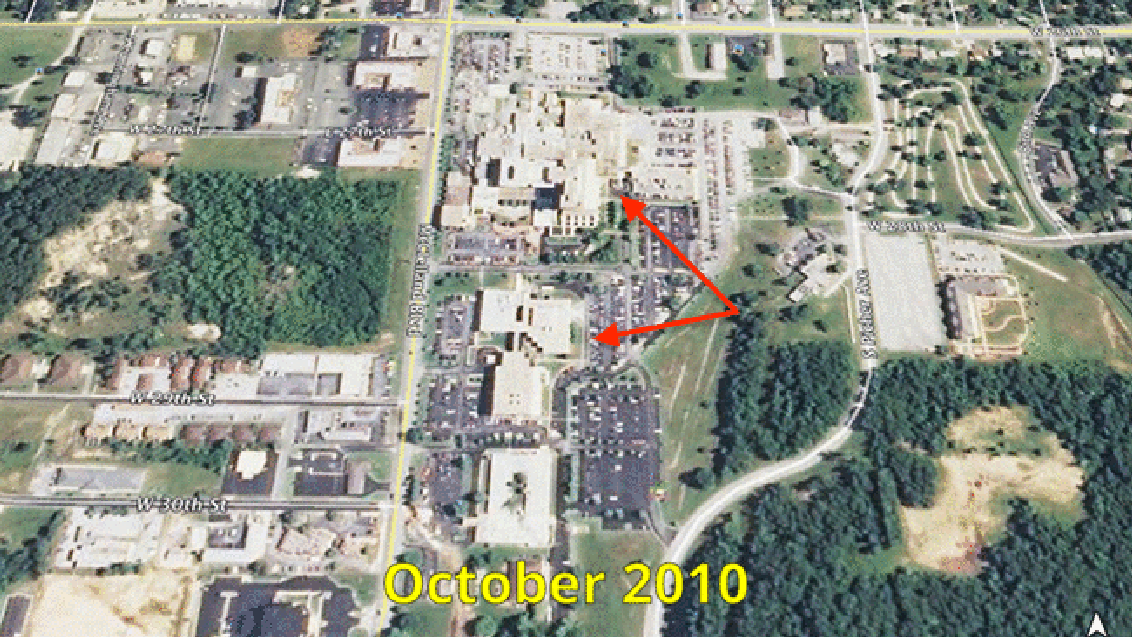 Before, after and March 2016 view of the property of the former St. John's Regional Medical Center in Joplin, Missouri. The hospital was torn down, as damage to the foundation left the building structurally compromised from the May 22, 2011 EF5 tornado.