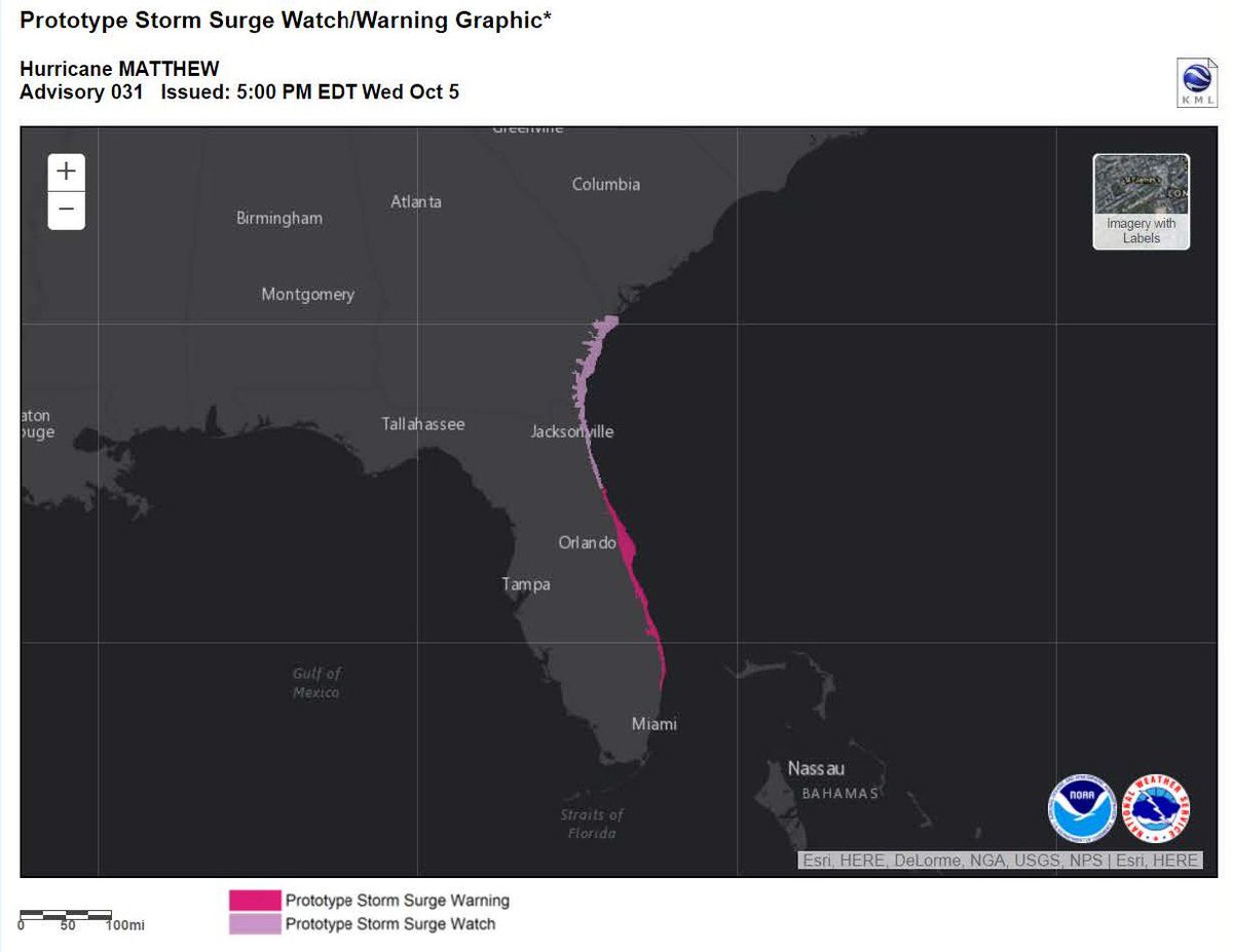 An example of the NHC's storm surge watches and warnings product from Hurricane Matthew in 2016. These watches and warnings are not currently active. 