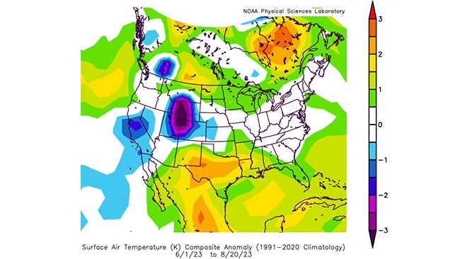 summer 2023 temperature departures august 20 noaa