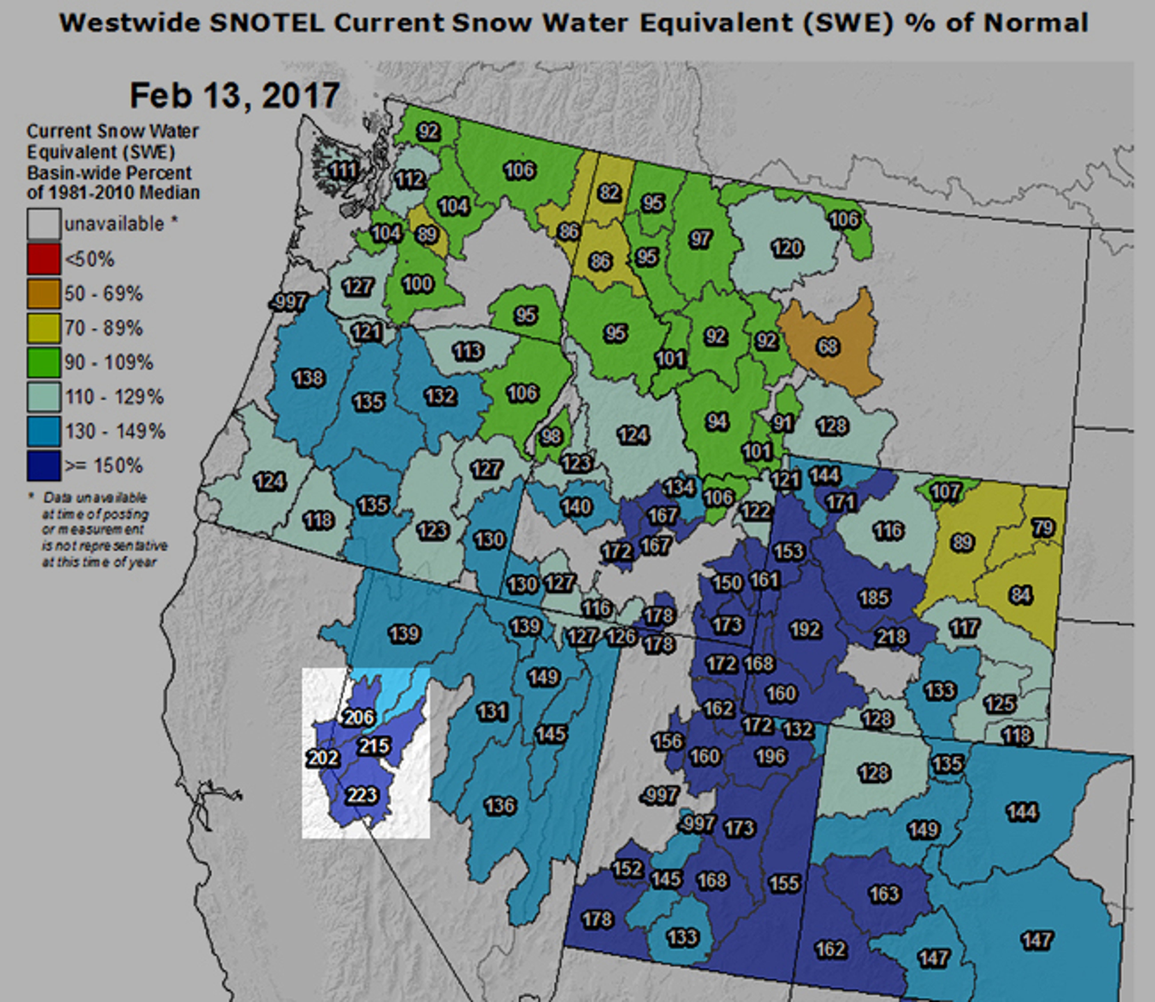 Estimated water content of the western snowpack on Feb. 13, 2017, in percent of normal for the date. The river basins near Lake Tahoe, highlighted by the box, were at least double the average.