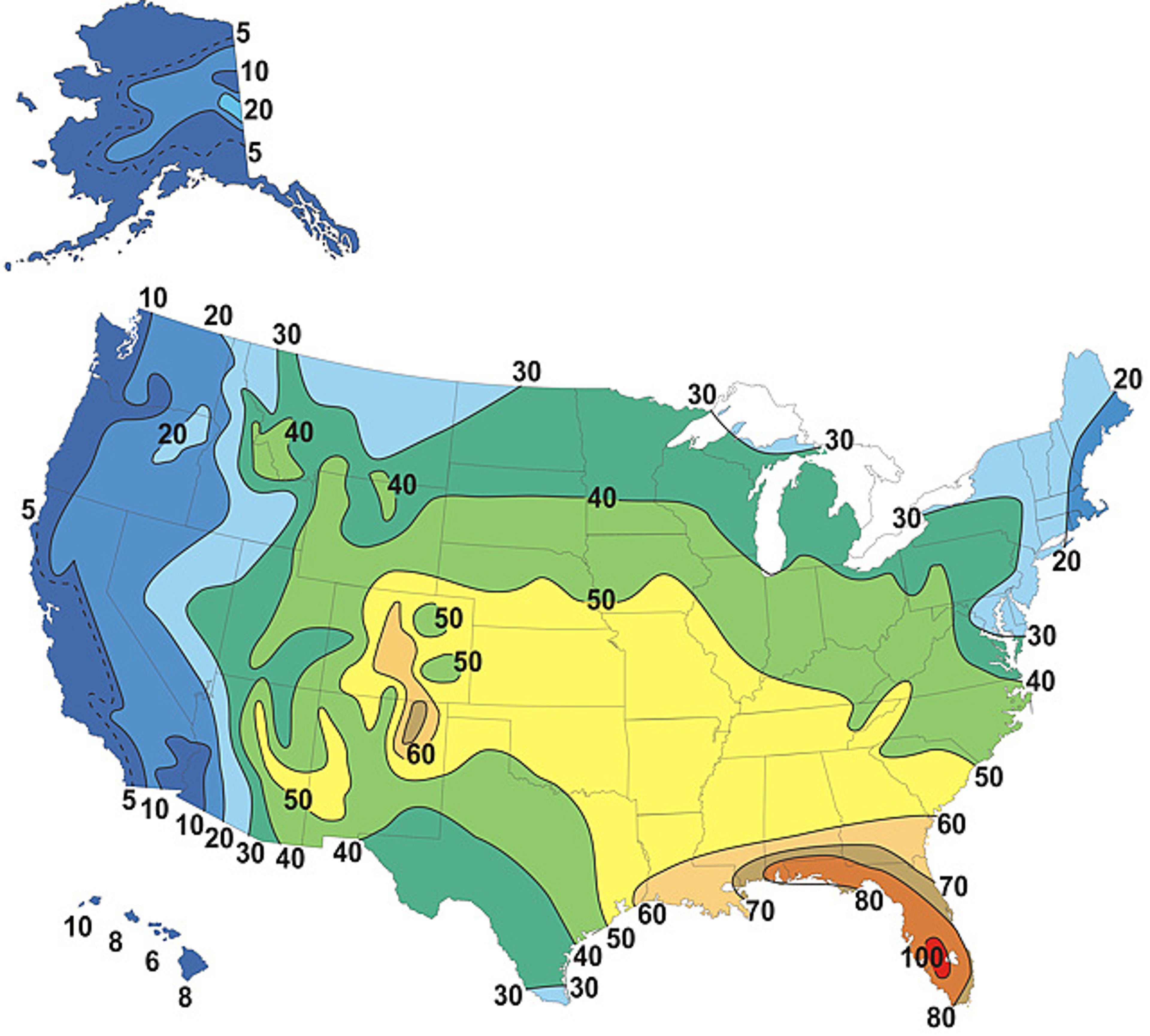 The figure above shows the average number of thunderstorm days each year throughout the United States. The peak is along the northern and eastern Gulf Coast, with Florida having the highest number of thunderstorm days (80+ days per year).