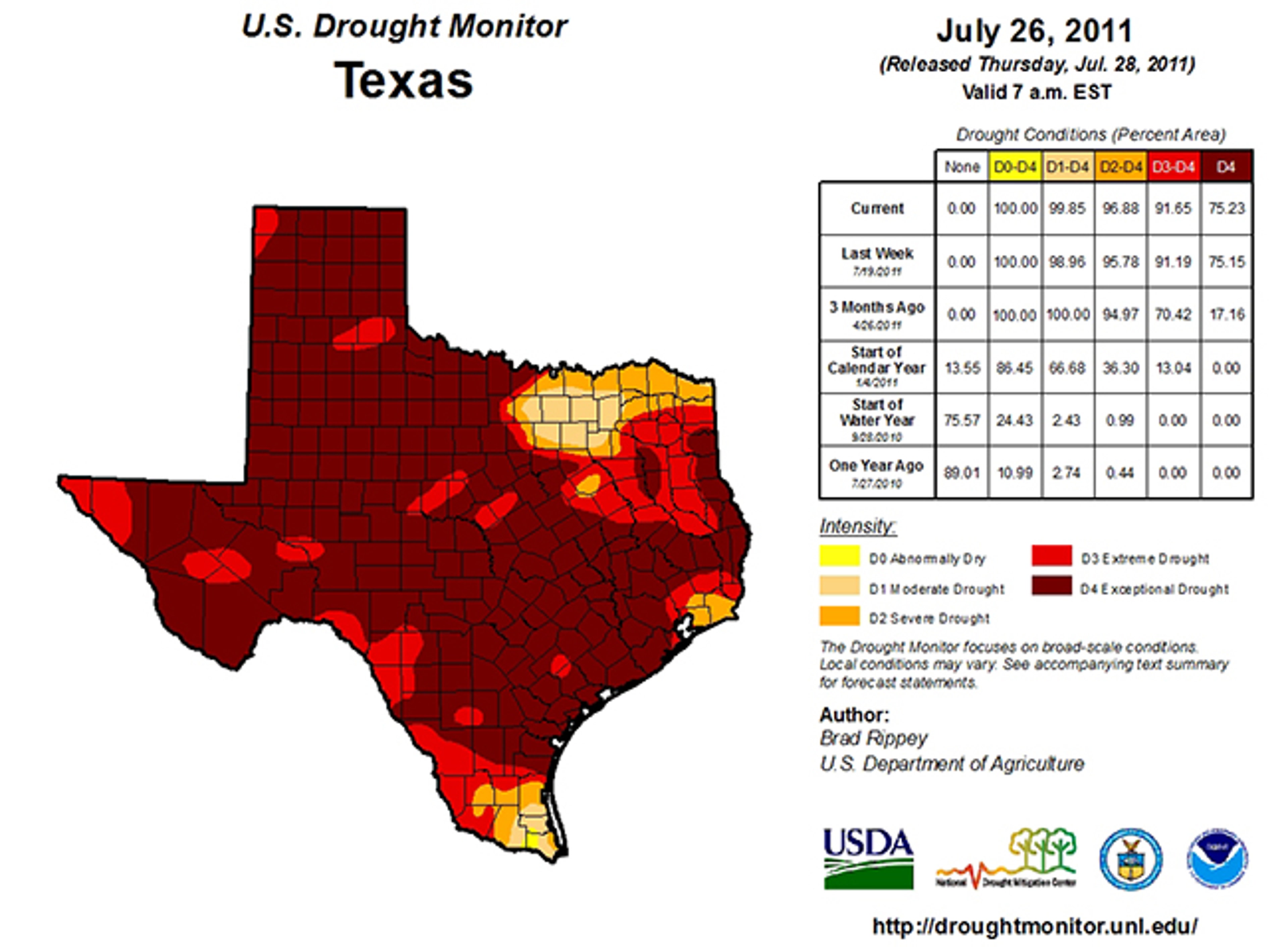 Drought monitor analysis on July 26, 2011, three days before the landfall of Don. Areas in dark brown denote the worst drought category, exceptional drought, in the analysis. 