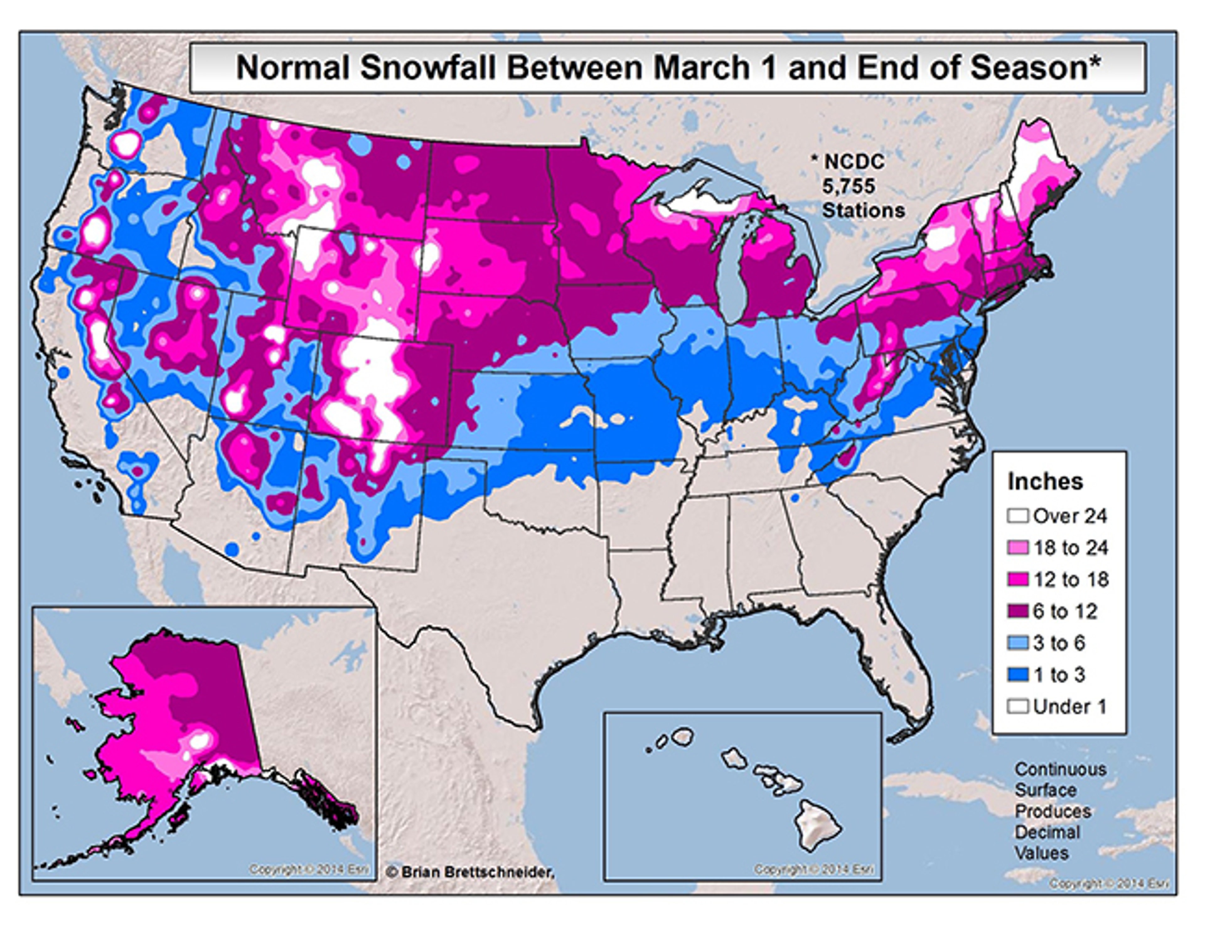 Average snowfall from March 1 through the season's last measurable snowfall, based on 1981-2010 averages. 