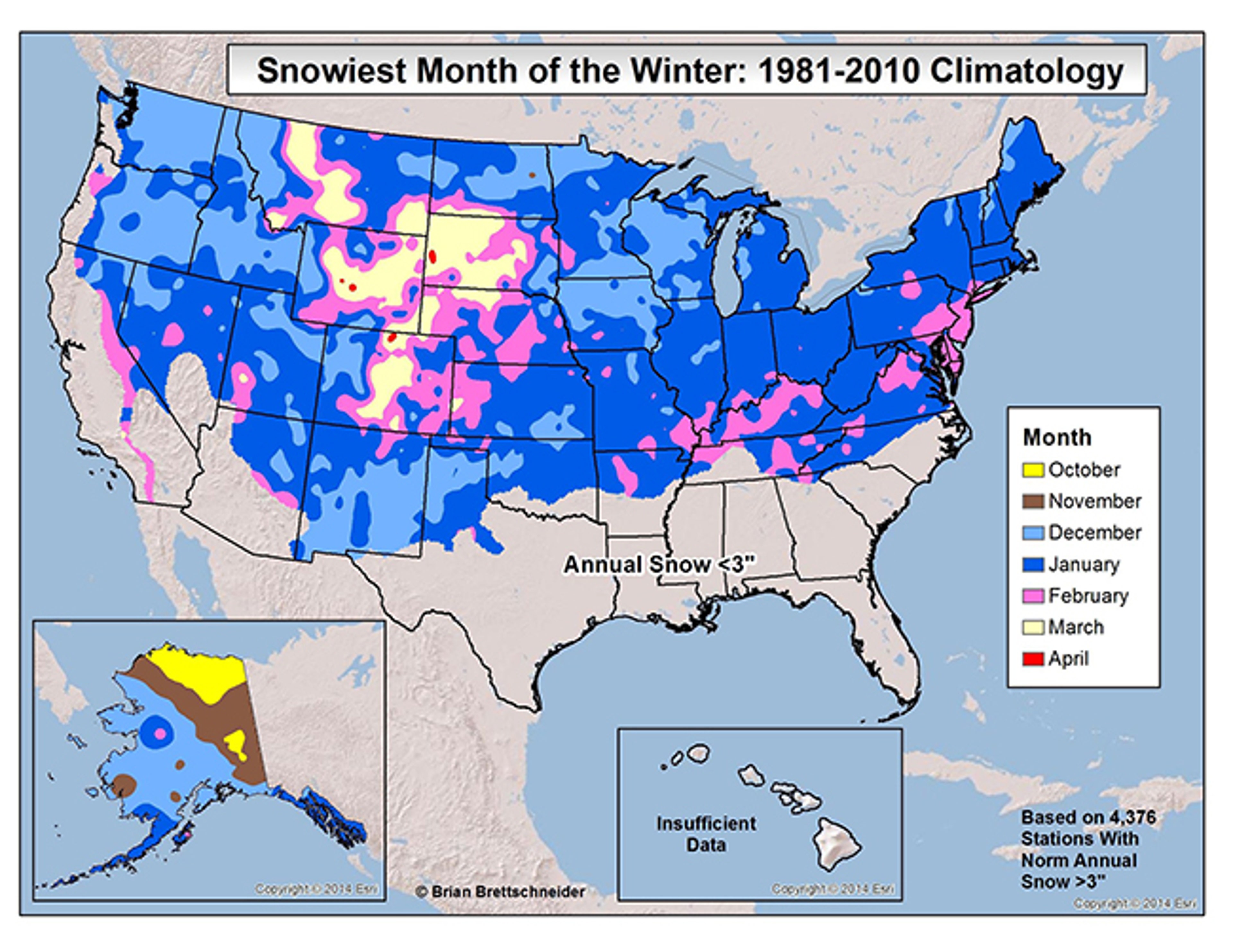 The average snowiest month in areas that typically pick up over 3 inches of snow each year, based on 1981-2010 average snowfall data.