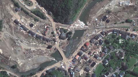 A satellite image shows flood damage near Kreuzberg, Germany, after the major flood occurred in the area. (Satellite Image 2021 Maxar Technologies)
