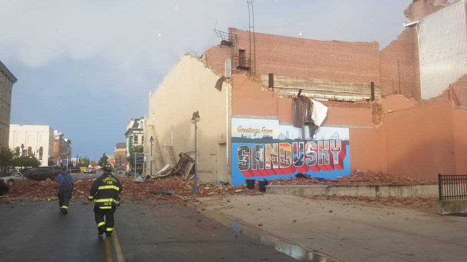 The Sandusky Fire Department received 20 calls in a four hour period as destructive storms knocked down trees and power lines and destroyed the roof of the Sandusky State Theatre in Sandusky, Ohio, Wednesday evening. (Facebook/ City of Sandusky Fire Department)