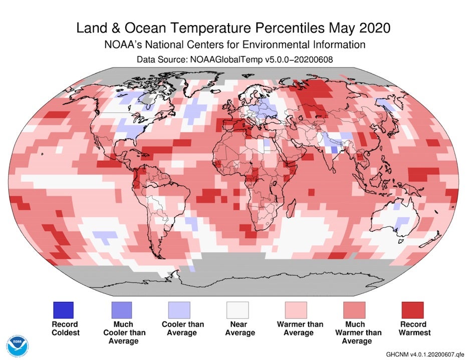 Global temperature departures from average, 5/20