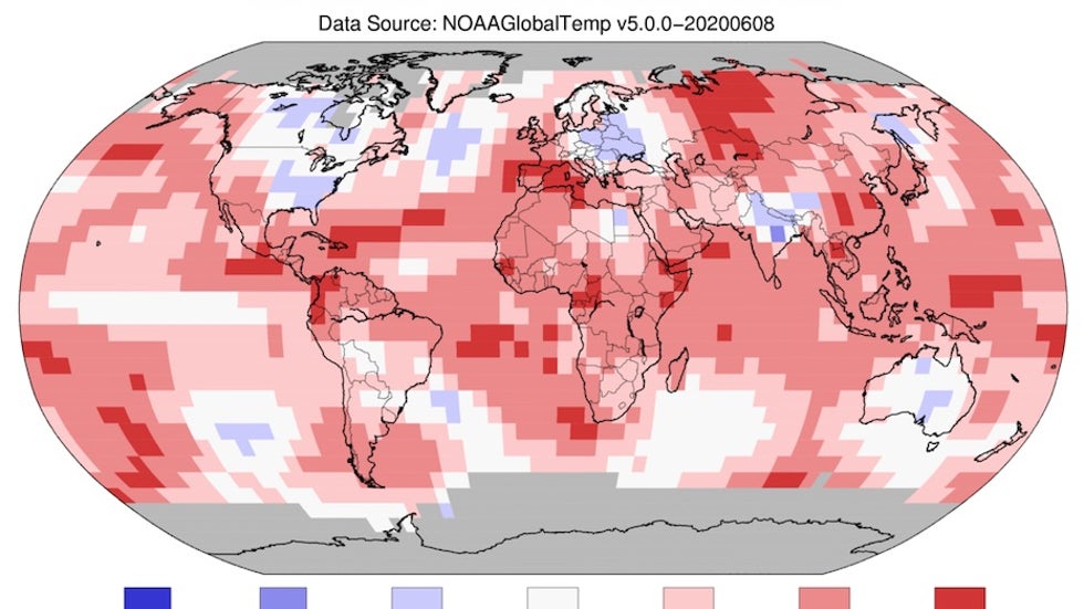 Global temperature departures from average, 5/20