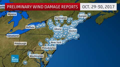 Reports of wind damage during the Northeast wind storm of Oct. 29-30, 2017. There were a total of 345 wind damage reports, according to the National Weather Service.