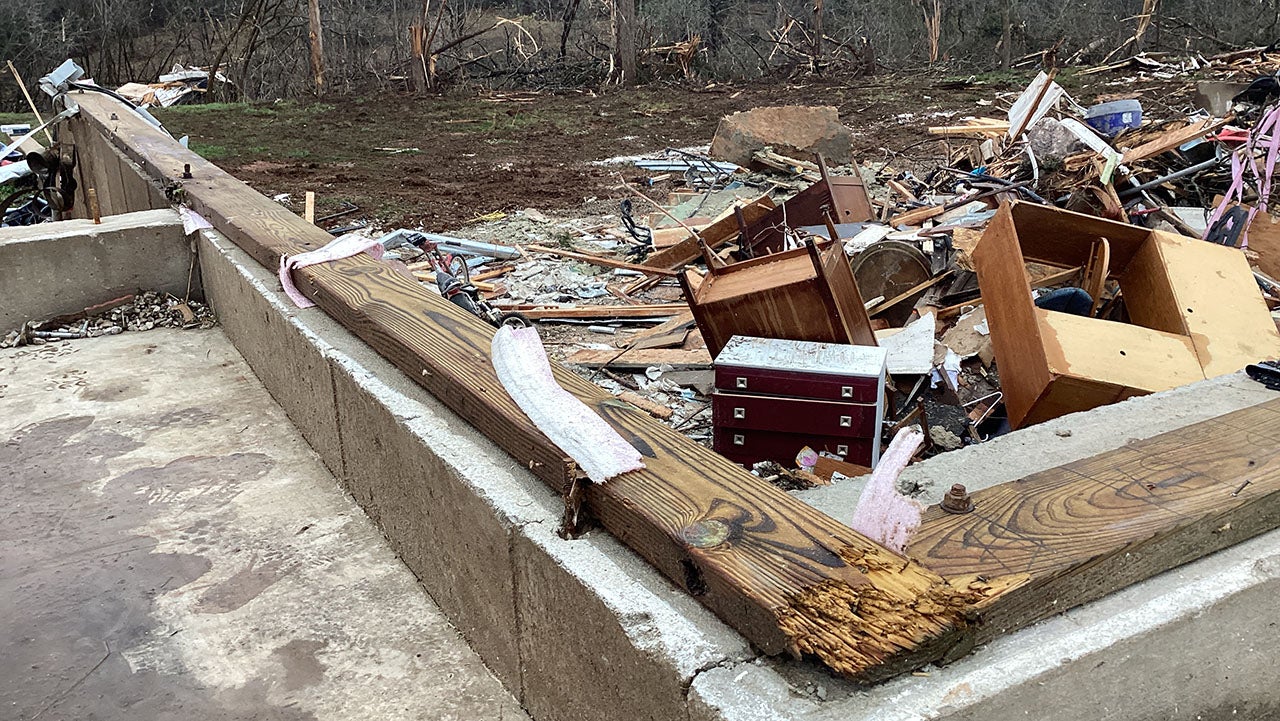 What's left of a home destroyed by an EF3 tornado on April 2, 2025 in Latty, Missouri. 