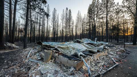 A home destroyed by the Bootleg Fire is seen here on Wednesday, July 21, 2021 near Bly, Ore. (AP Photo/Nathan Howard)