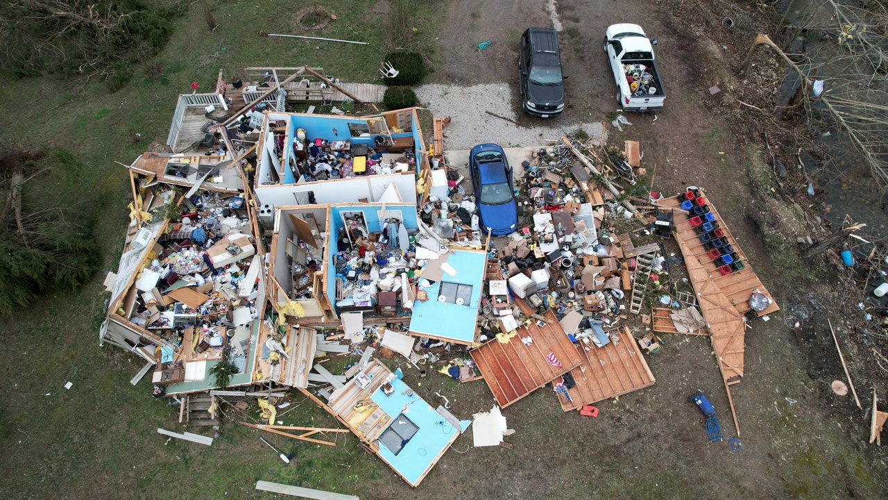 Destruction from a severe storm is seen Saturday, March 15, 2025, in Wayne County, Missouri. (AP Photo/Jeff Roberson)