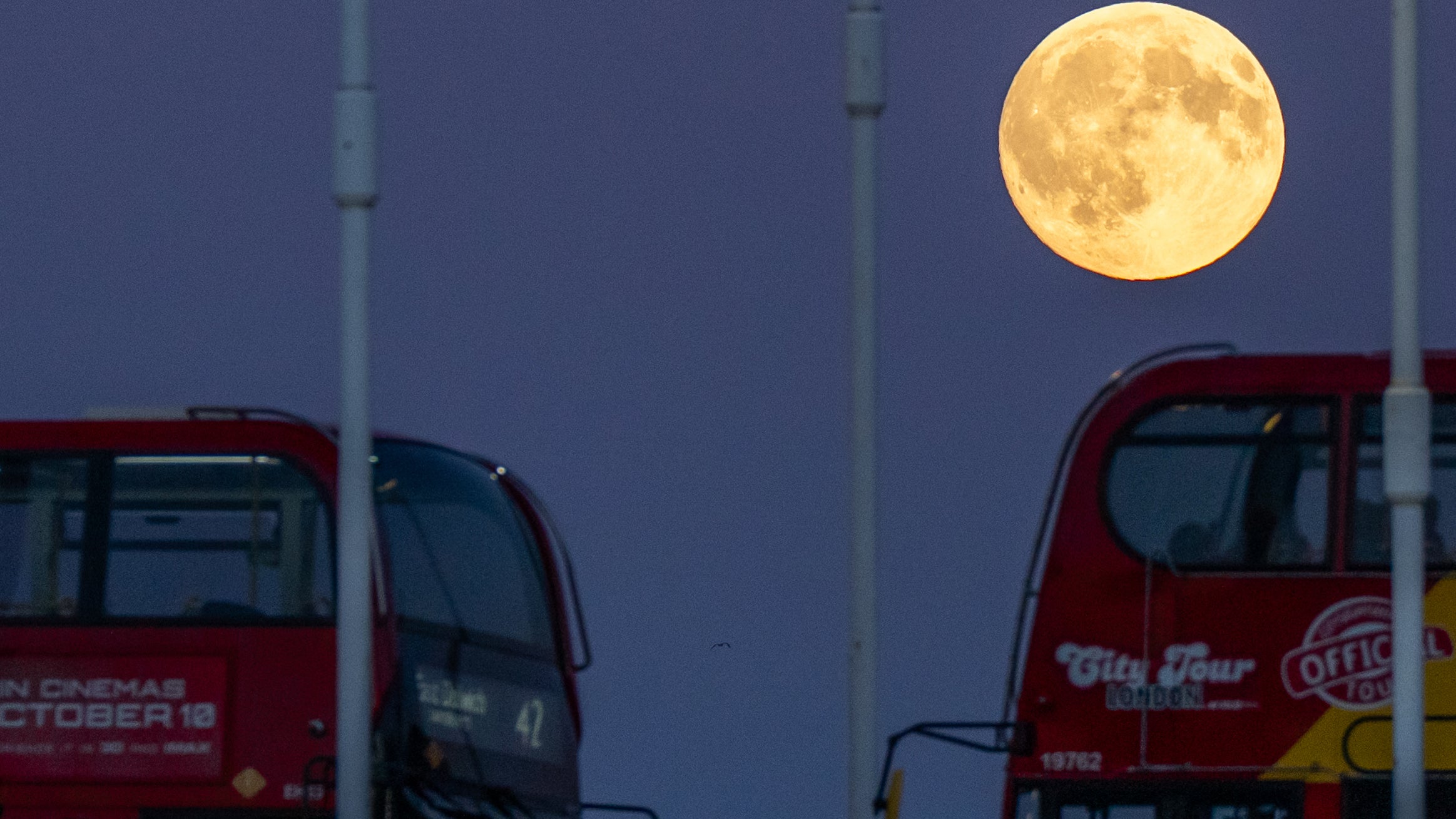The Harvest Supermoon rises as red double-decker buses drive past on Tower Bridge in London.
