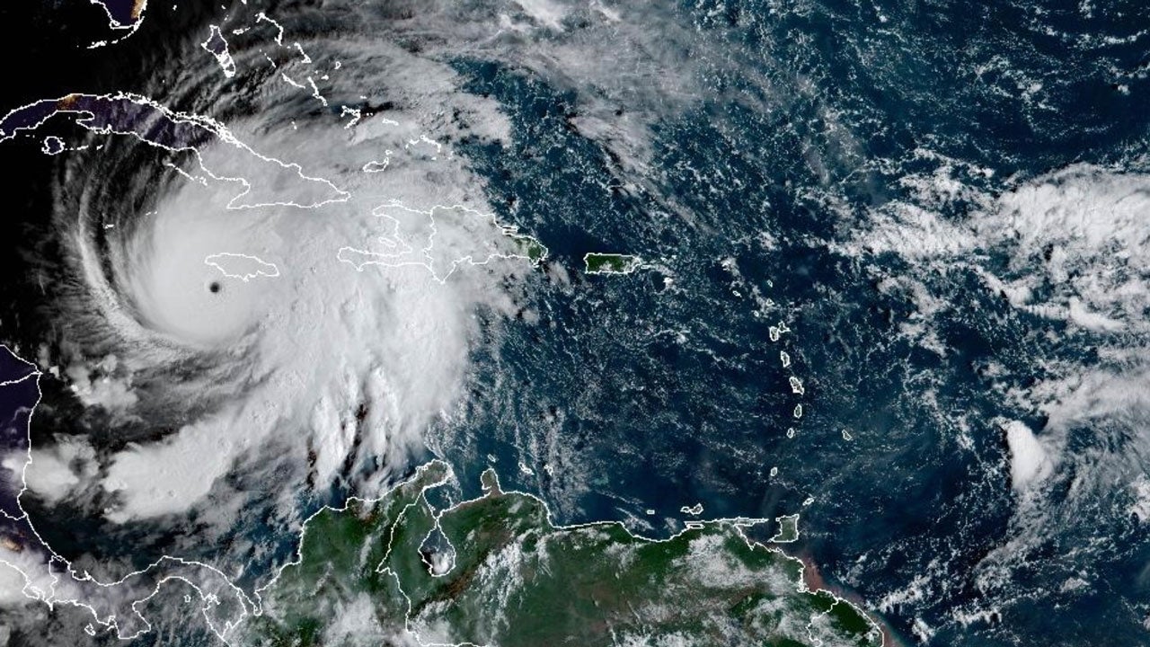 This satellite image provided by the National Oceanographic and Atmospheric Administration shows Hurricane Melissa, Tuesday, Oct. 28, 2025. (NOAA via AP)