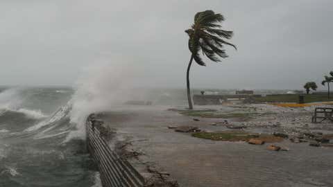 Waves splash in Kingston, Jamaica, as Hurricane Melissa approaches, Tuesday, Oct. 28, 2025. (AP Photo/Matias Delacroix)