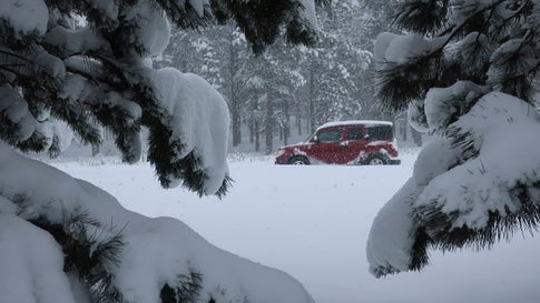 A car drives down Route 66 in Flagstaff, Ariz., on Thursday, Feb. 21, 2019. Schools across northern Arizona canceled classes and some government offices decided to close amid a winter storm that's expected to dump heavy snow in the region. (AP Photo/Felicia Fonseca)