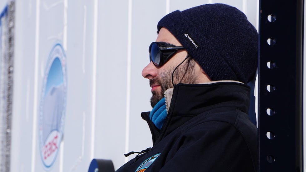 Mathieu Casado takes a break during a maintenance stop on the pre-EAIIST science traverse