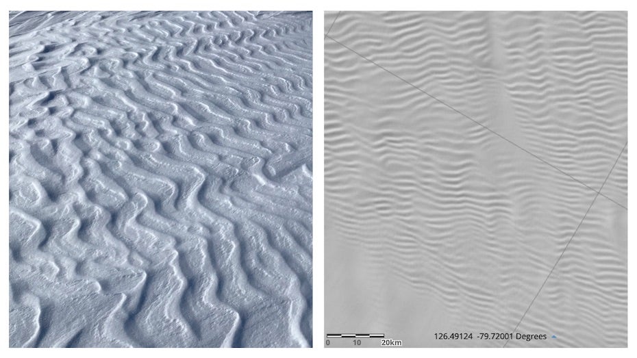 Snow ripples at Megadunes site (left) and large-scale aerial view (right)