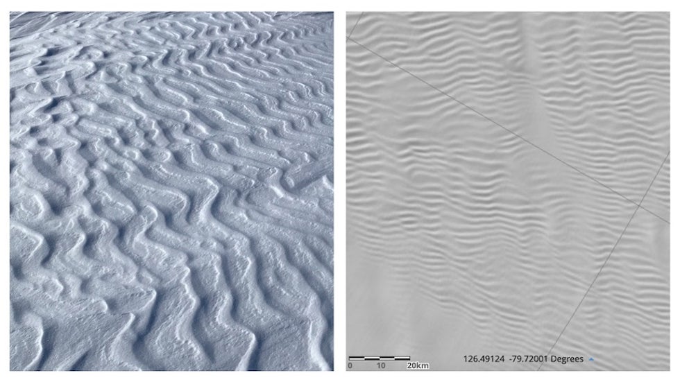 Snow ripples at Megadunes site (left) and large-scale aerial view (right)